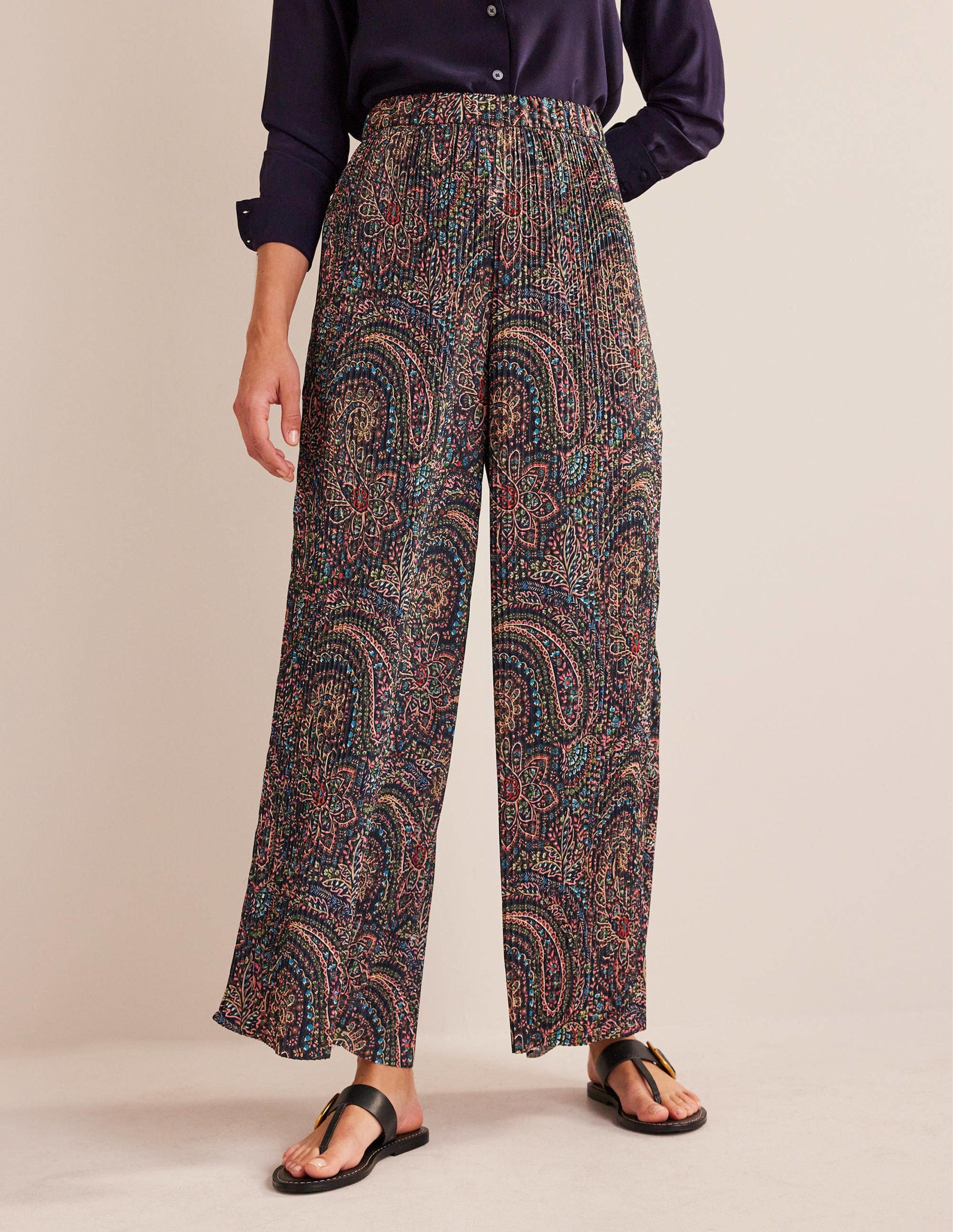 Plisse Satin Wide Leg Trousers-Light Navy, Palace-4