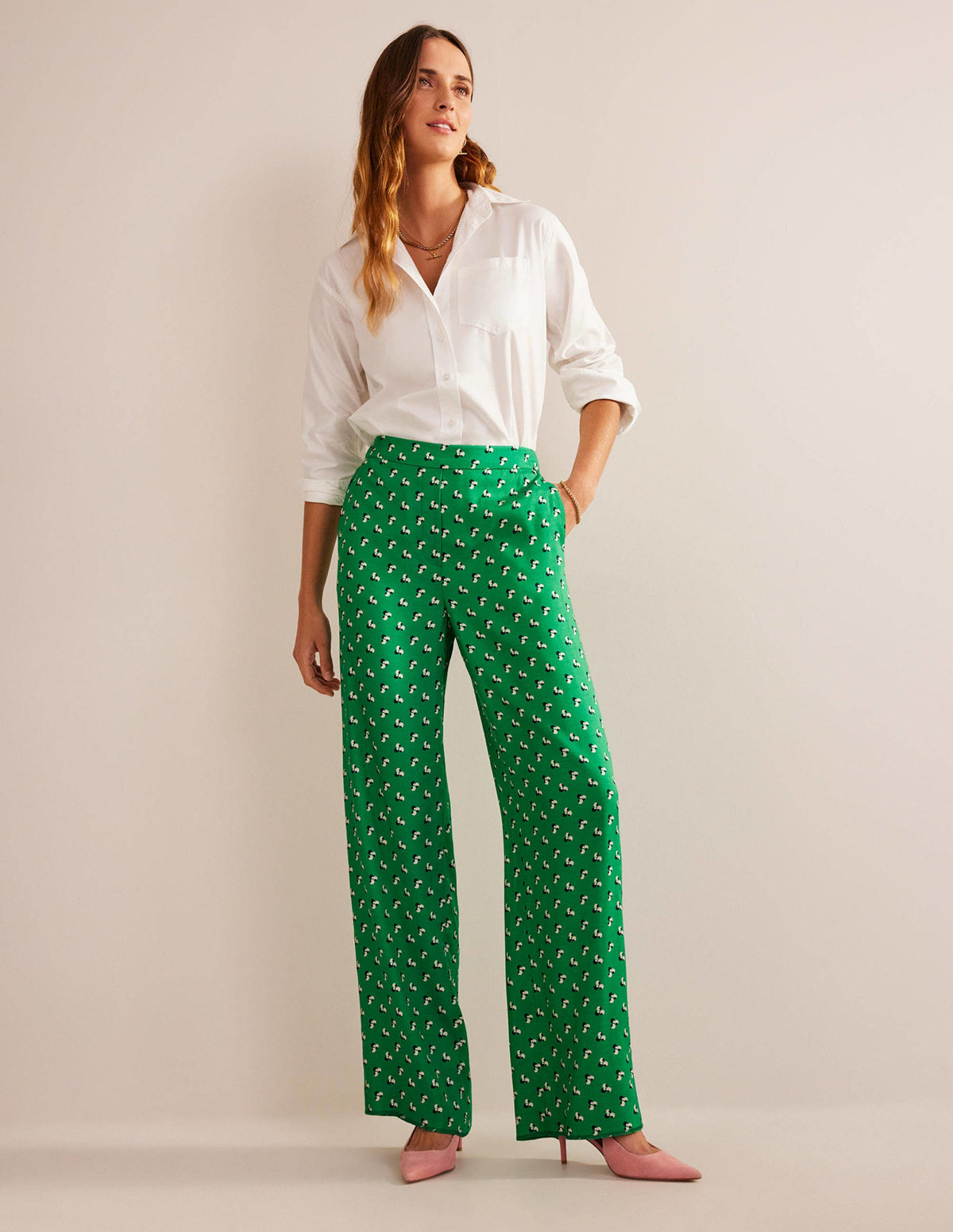Printed Pull-On Trousers-Meadow Green, Falling Dot - Image 1