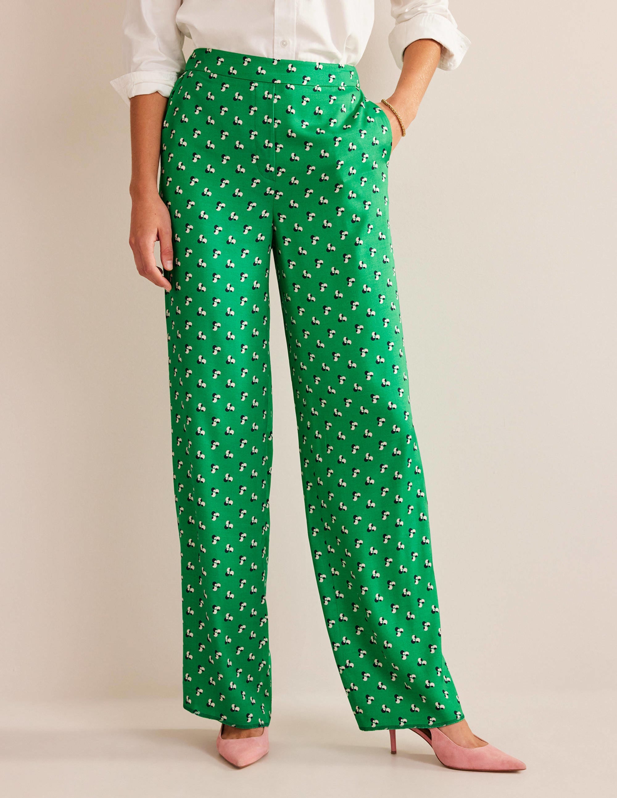 Printed Pull-On Trousers-Meadow Green, Falling Dot - Image 4