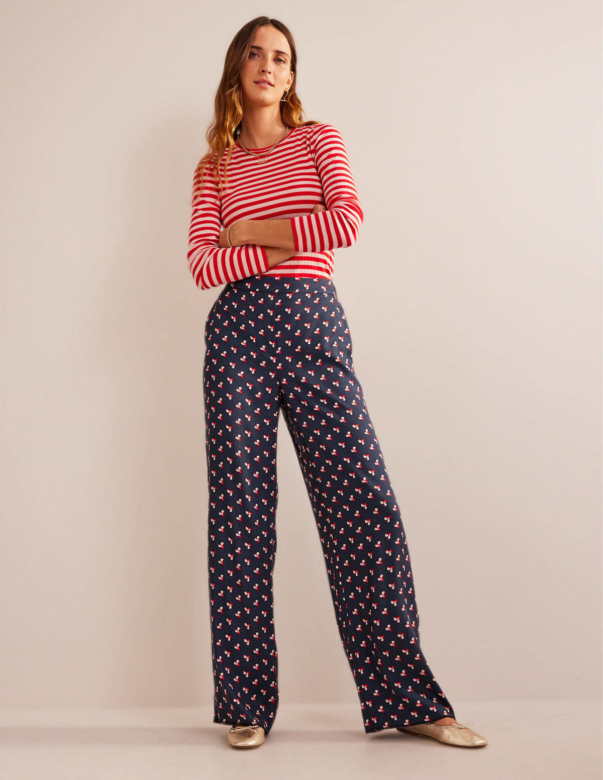 Printed Pull-On Trousers-French Navy, Falling Dot - Image 1
