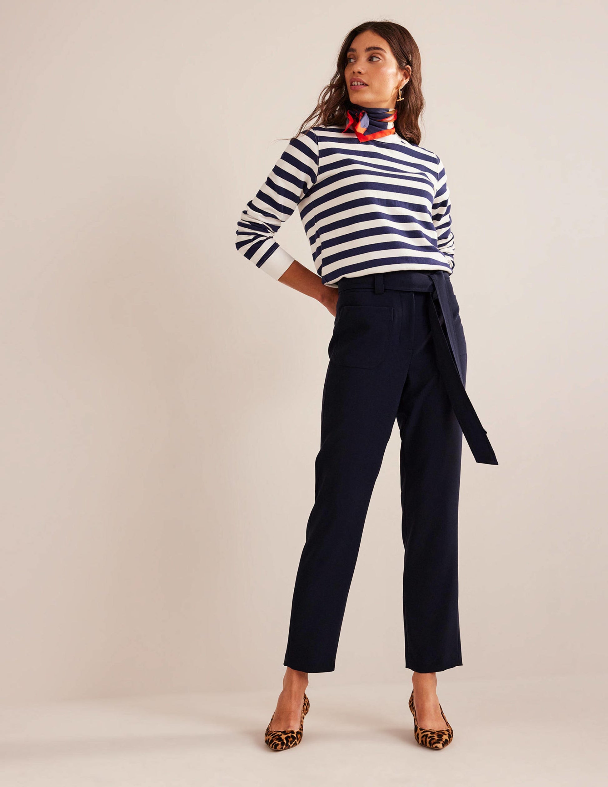 Tie-Waist Tapered Trousers-Navy-1