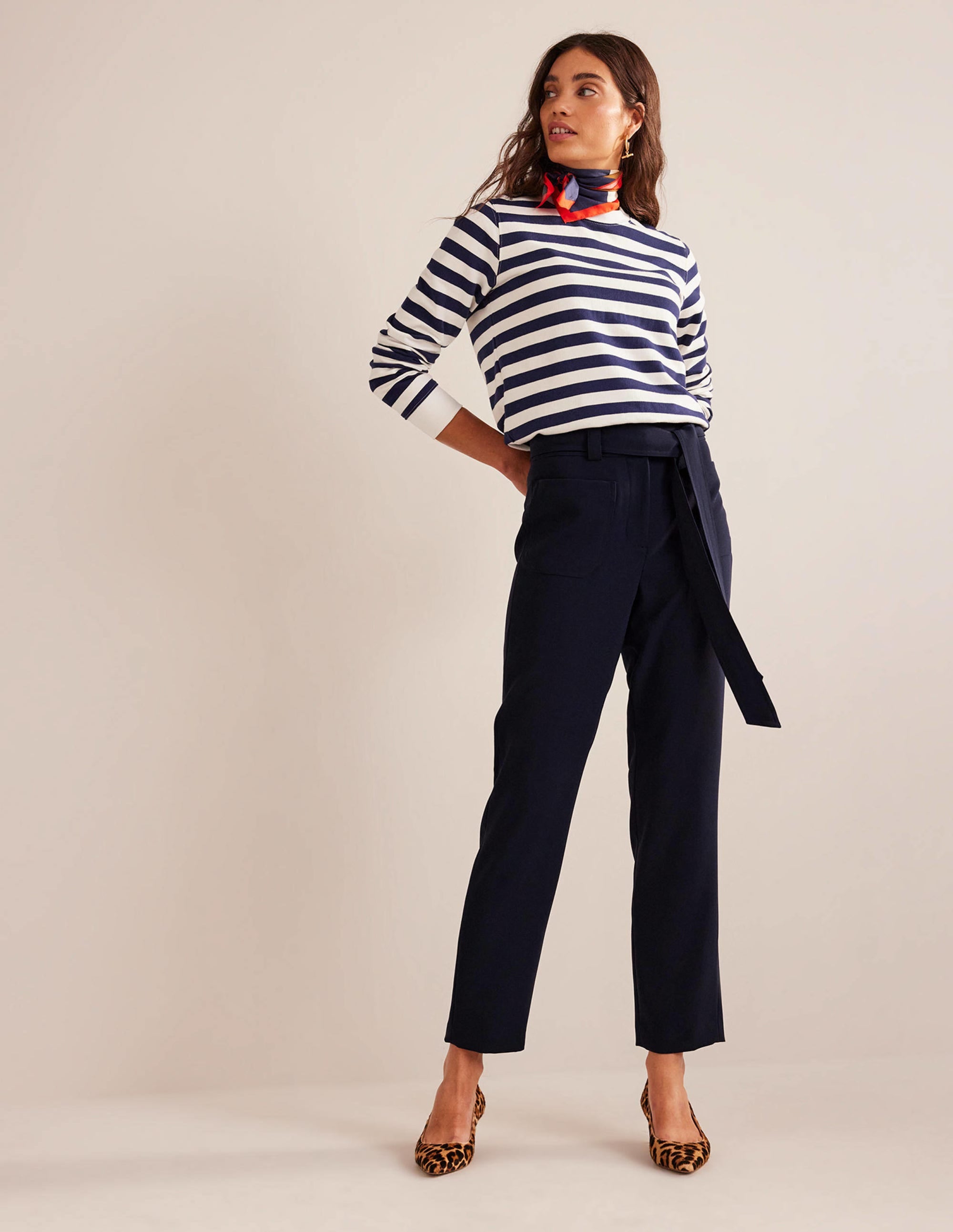 Tie-Waist Tapered Trousers-Navy - Image 1