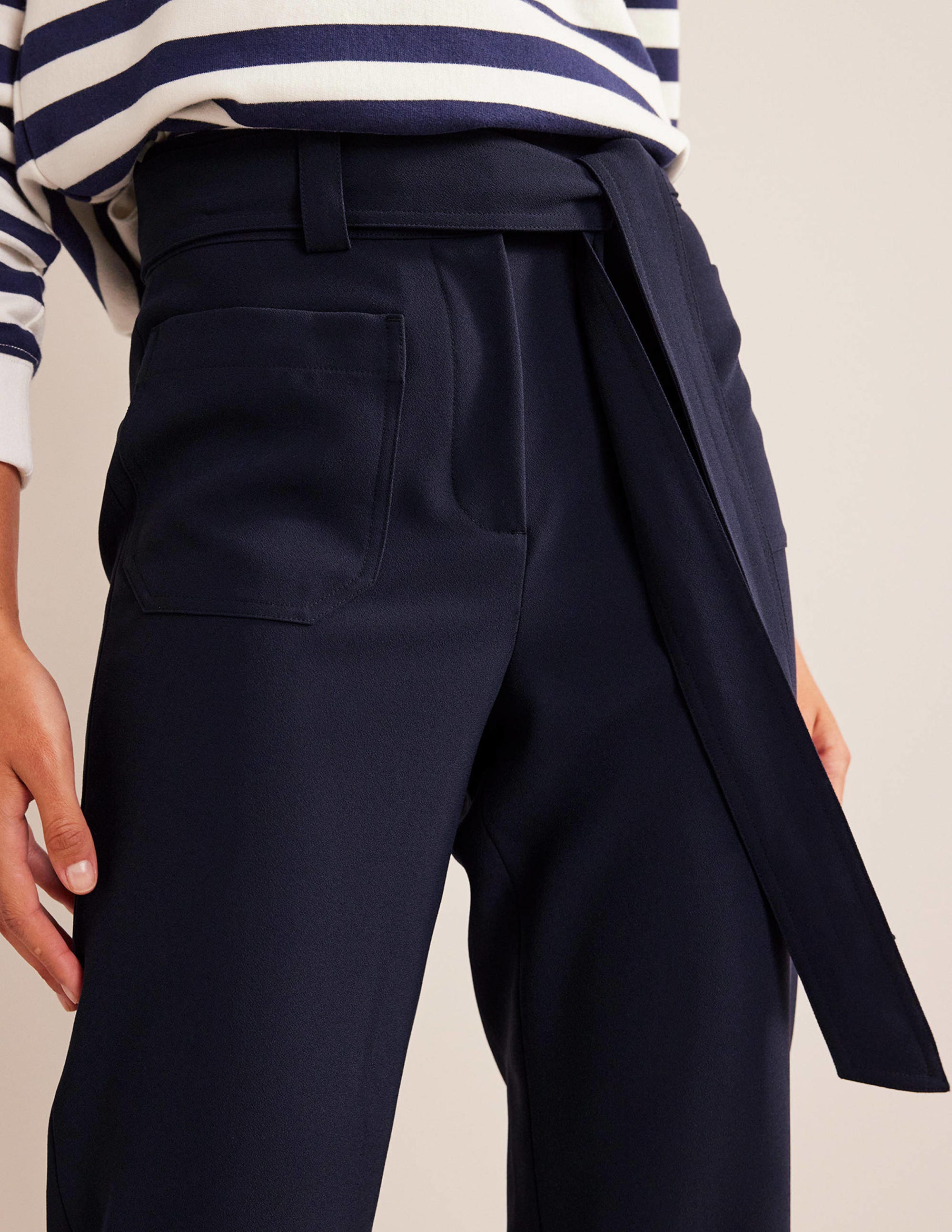 Tie-Waist Tapered Trousers-Navy - Image 2