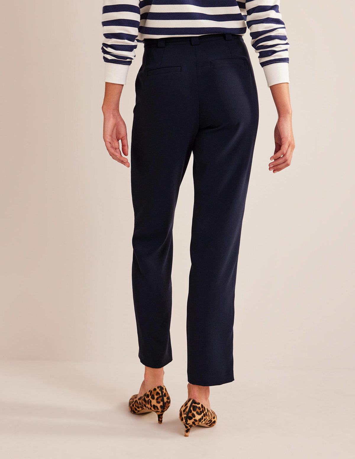 Tie-Waist Tapered Trousers-Navy-3