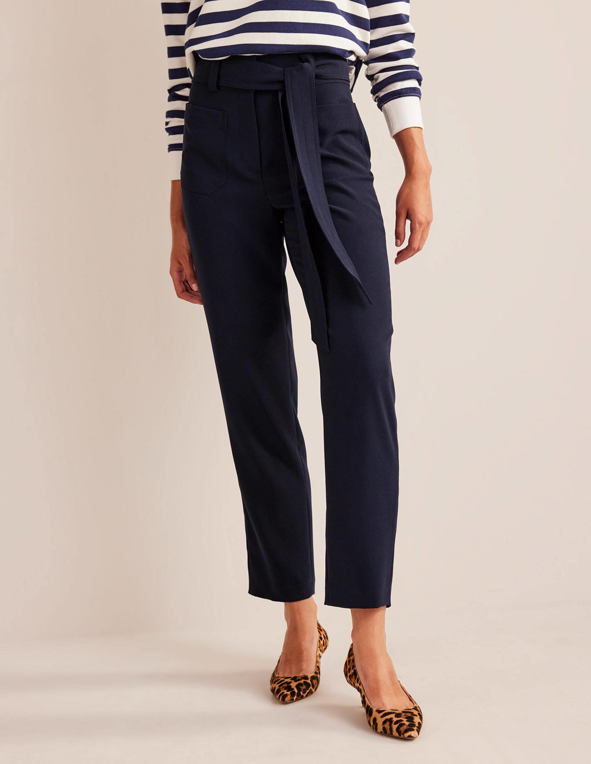 Tie-Waist Tapered Trousers-Navy - Image 4