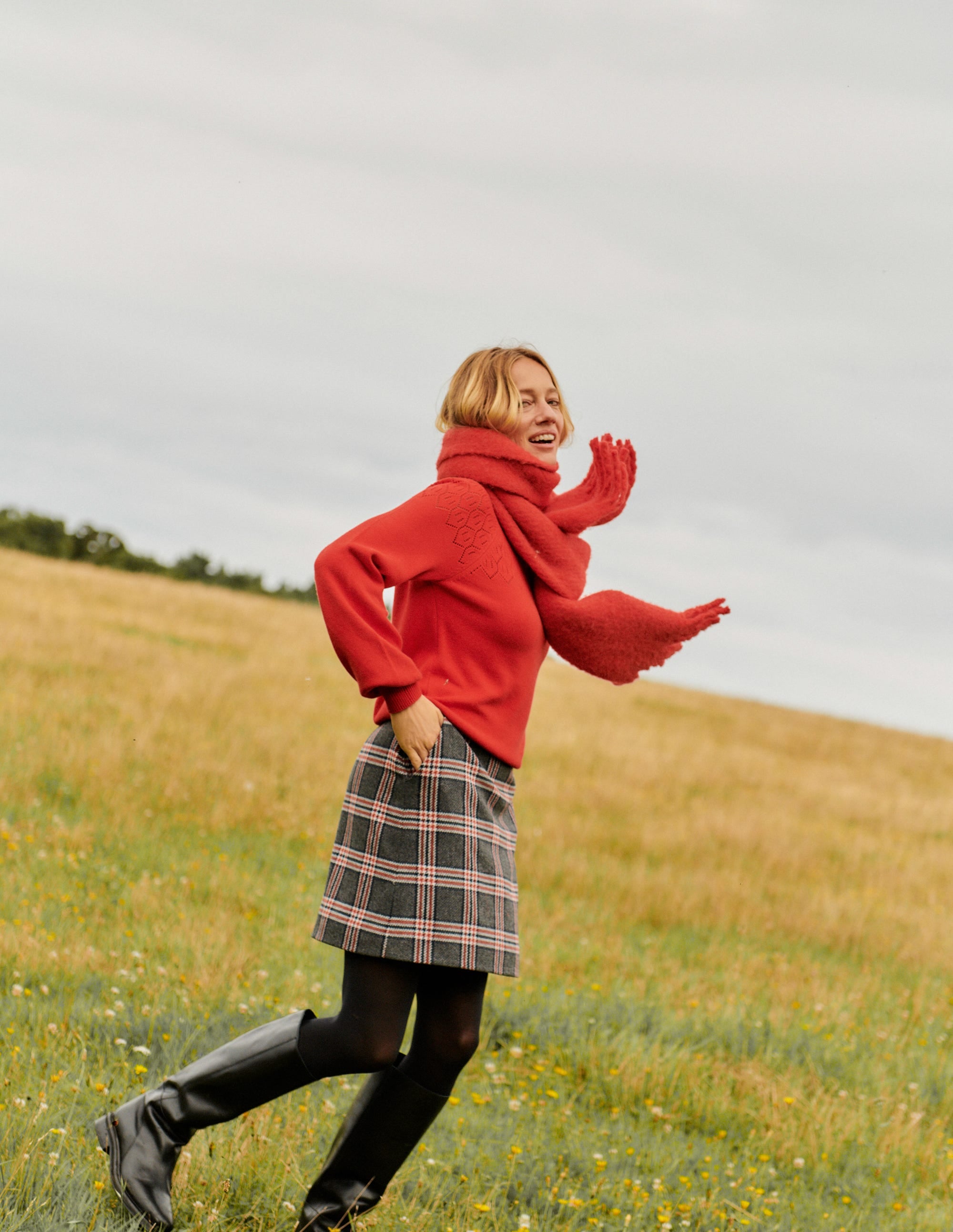 Denim Ribbon Tweed Classic Rise Midi Pleated Skirt | Thom Browne