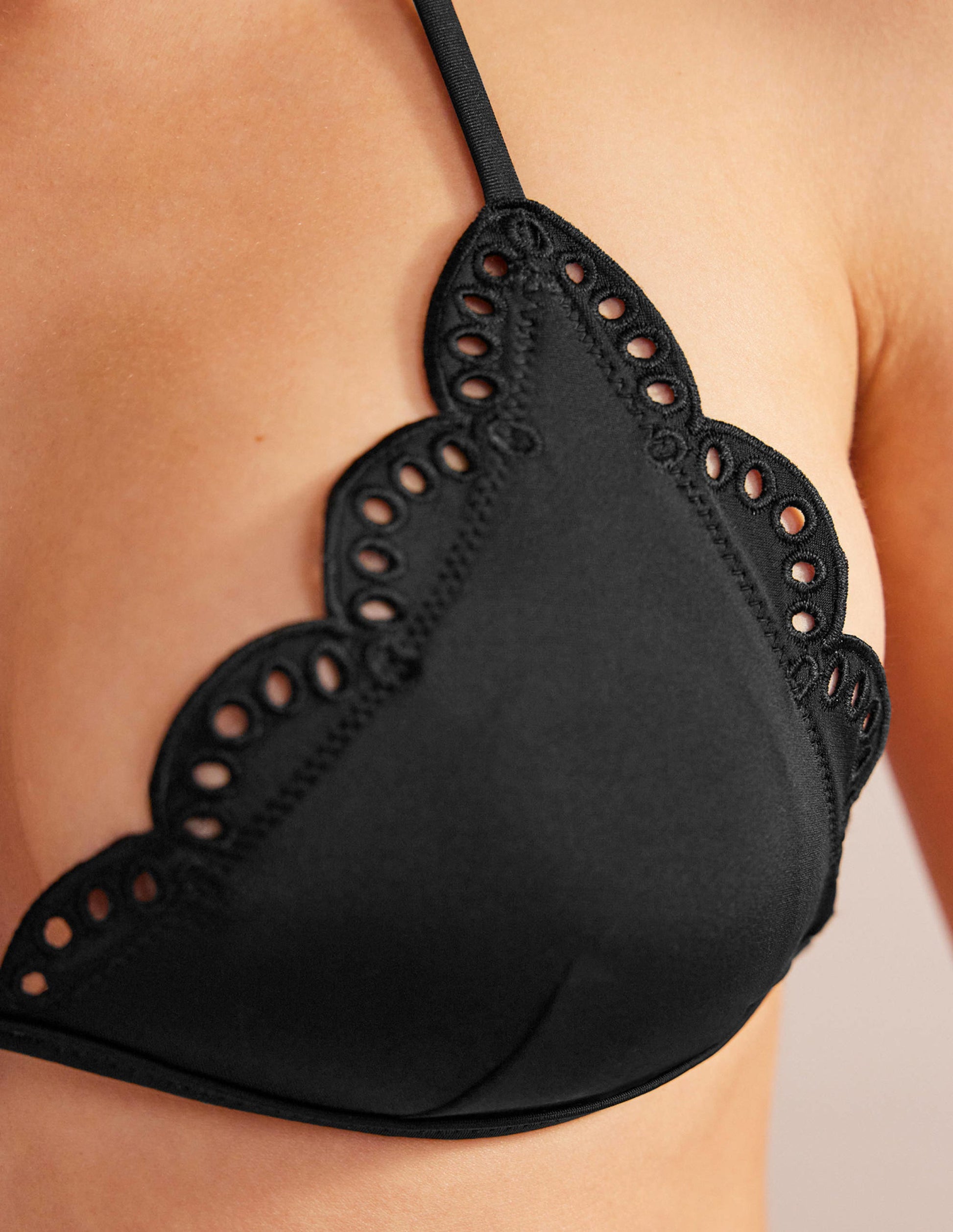 Broderie Triangle Bikini Top-Black-2