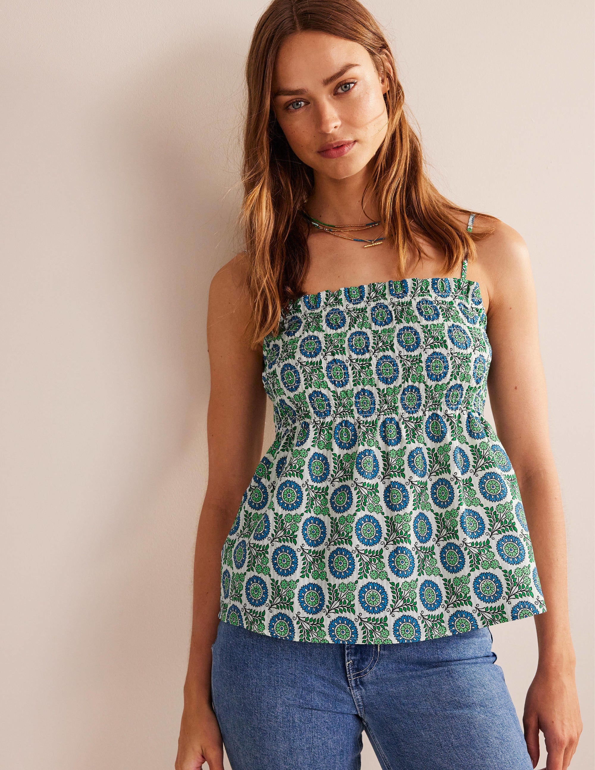 Smocked Cami Top-Aegean Blue, Sunflower Sprig - Image 1