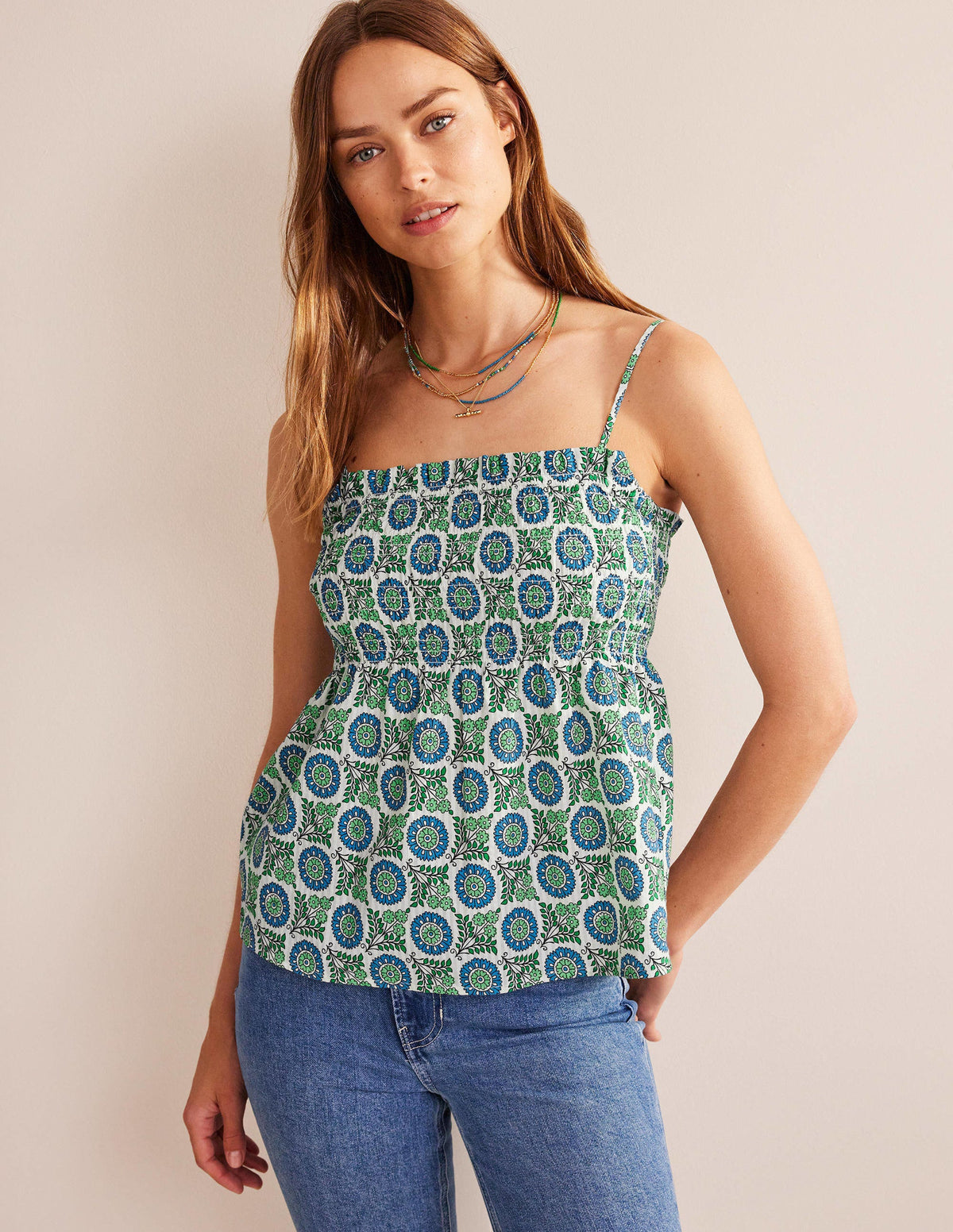 Smocked Cami Top-Aegean Blue, Sunflower Sprig-4