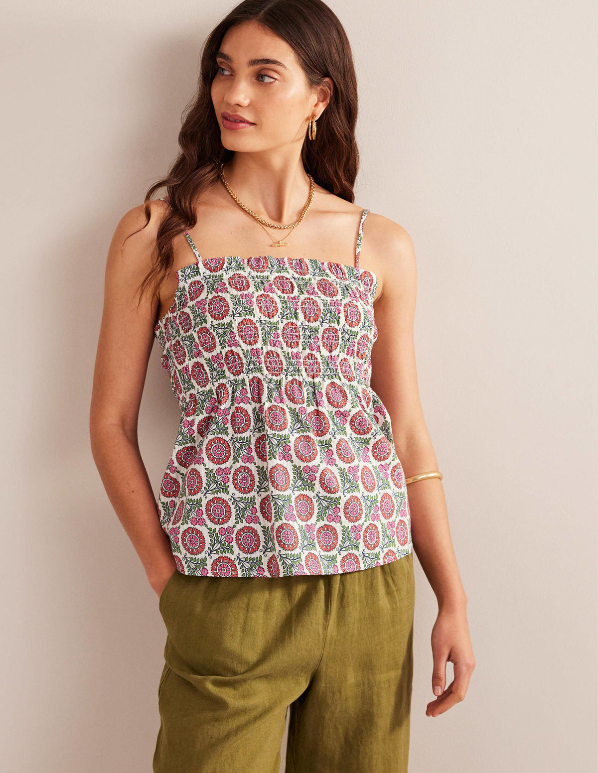Smocked Cami Top-Gin Fizz, Sunflower Sprig - Image 2