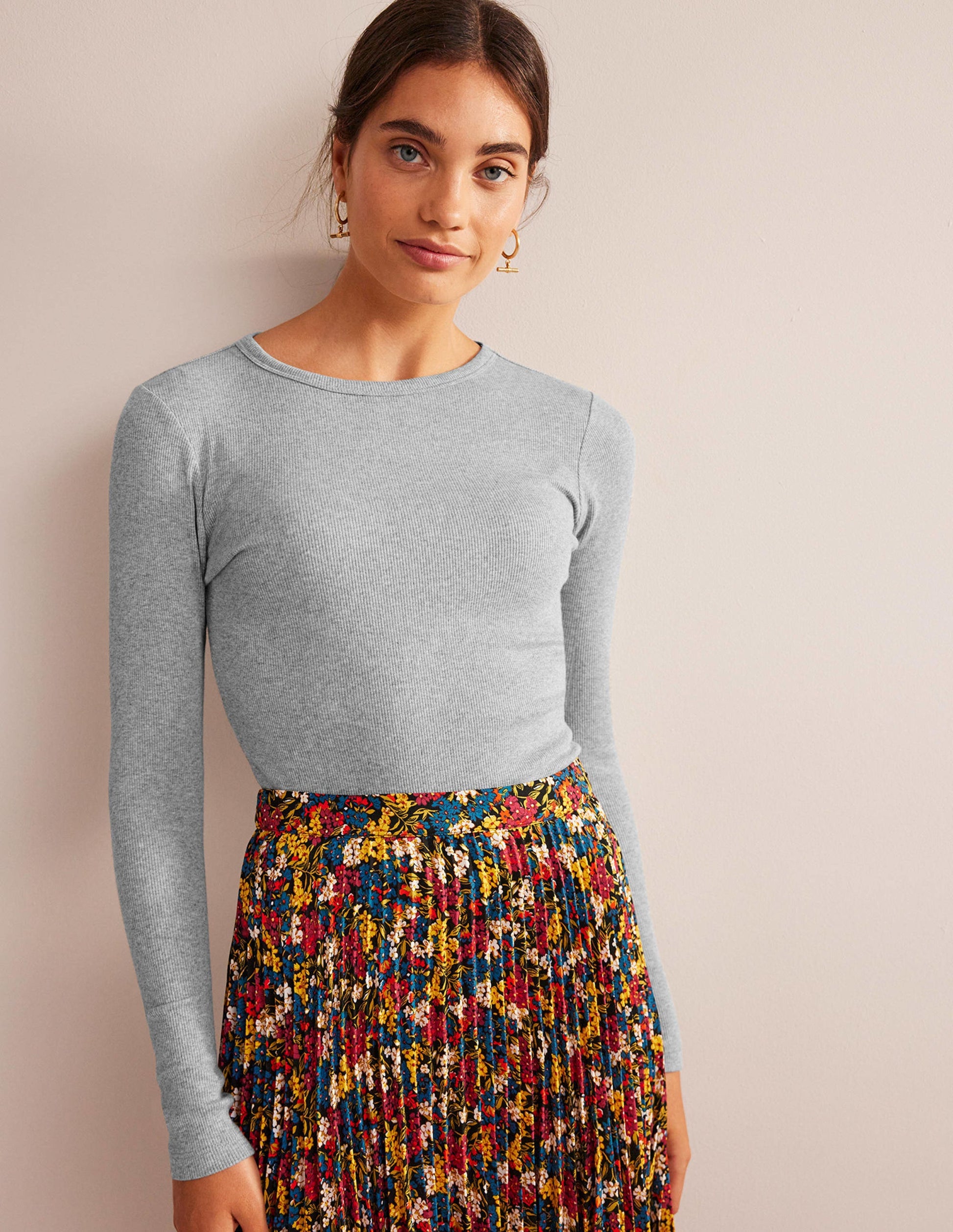 Cotton Ribbed Long Sleeve Top-Grey Marl-1