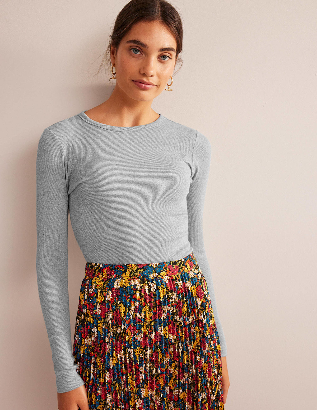 Cotton Ribbed Long Sleeve Top-Grey Marl - Image 1