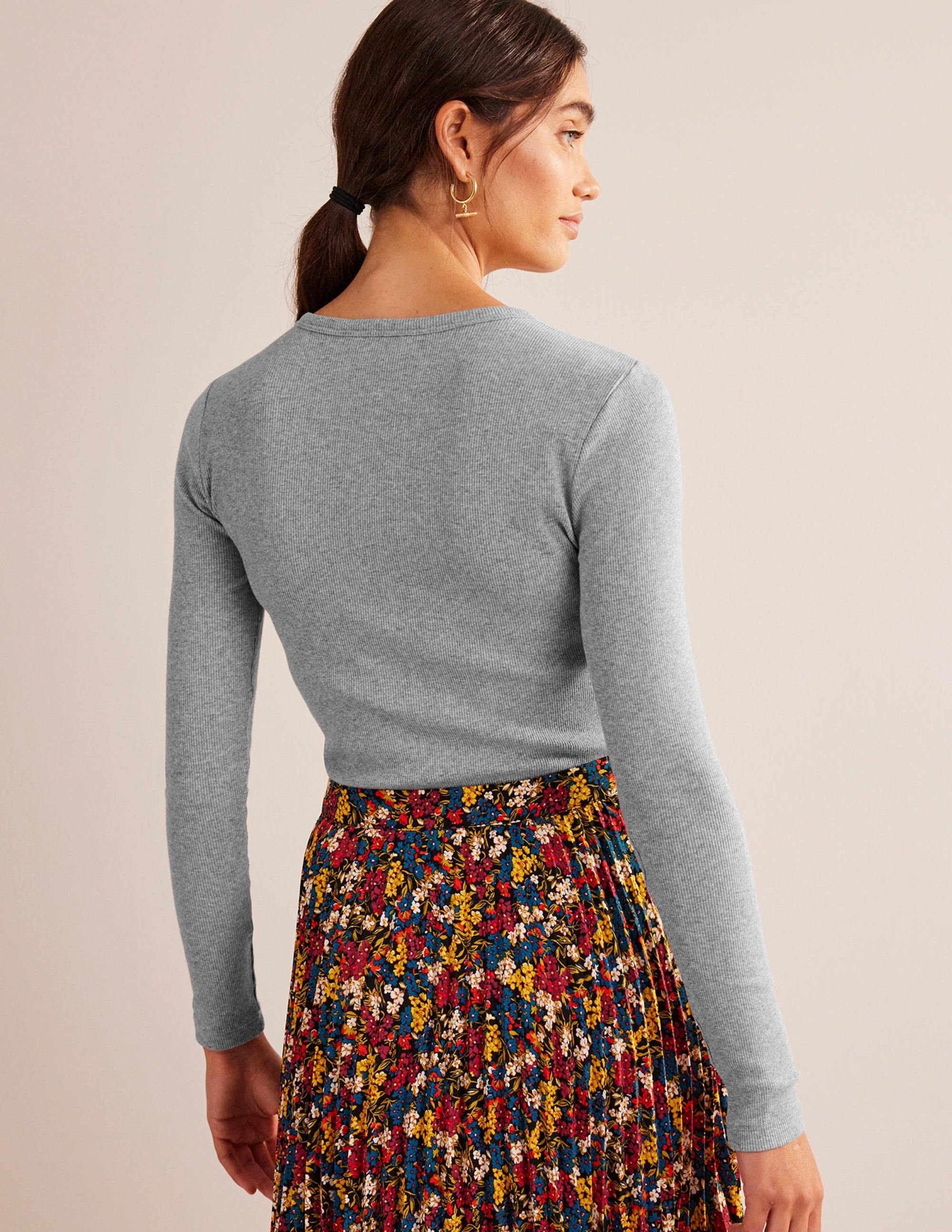 Cotton Ribbed Long Sleeve Top-Grey Marl - Image 3