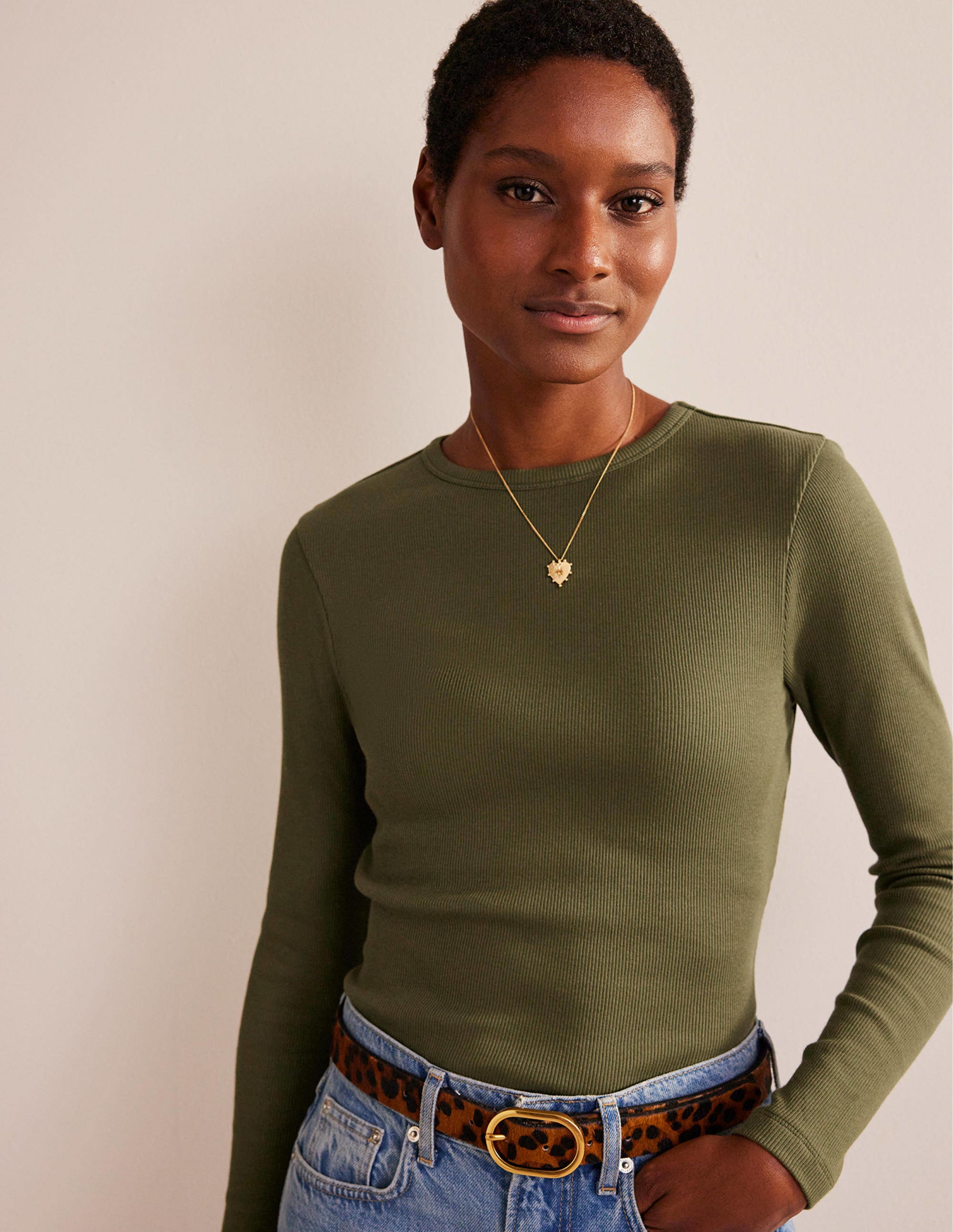 Cotton Ribbed Long Sleeve Top-Spruce - Image 1