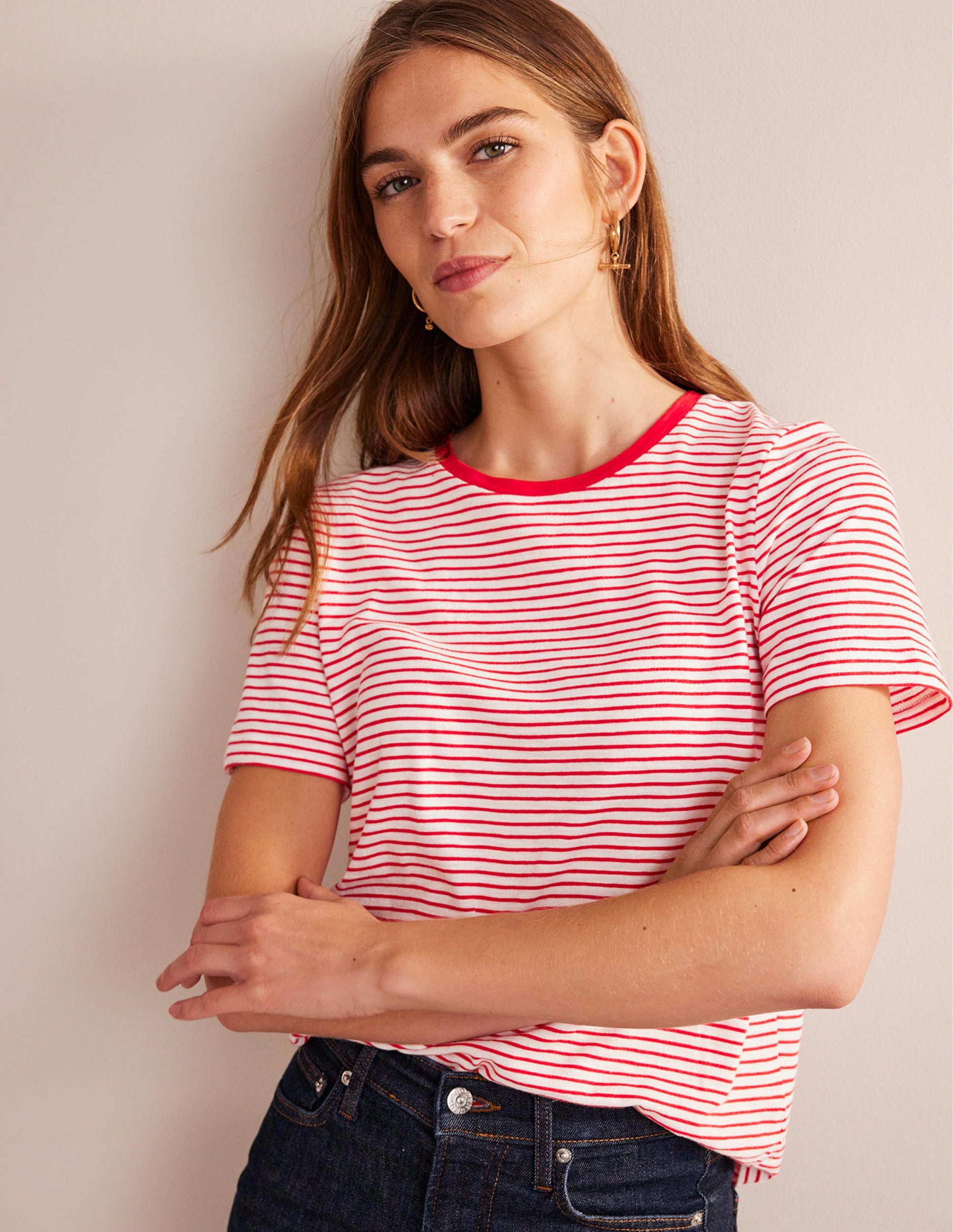 Cotton Crew Neck T-Shirt-Ivory, Red-4