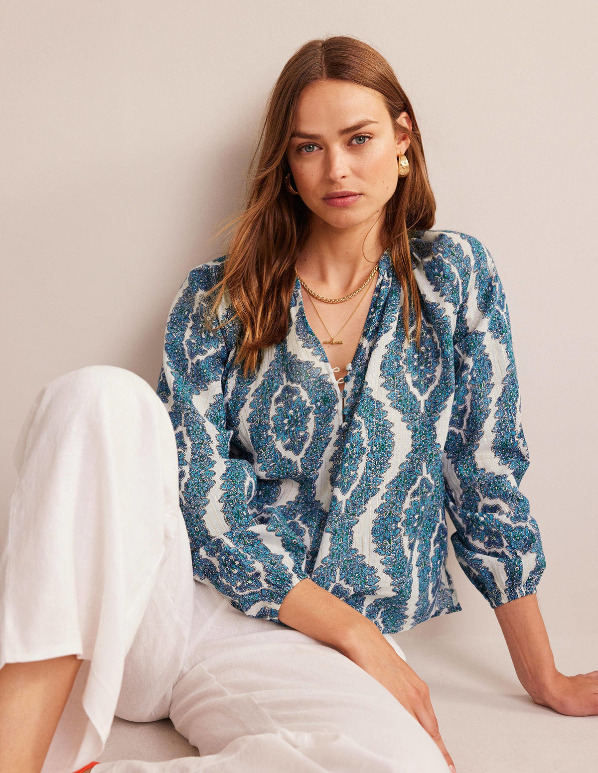 Printed Notch-Neck Sparkle Top-Blue, Botanic Wreath - Image 1