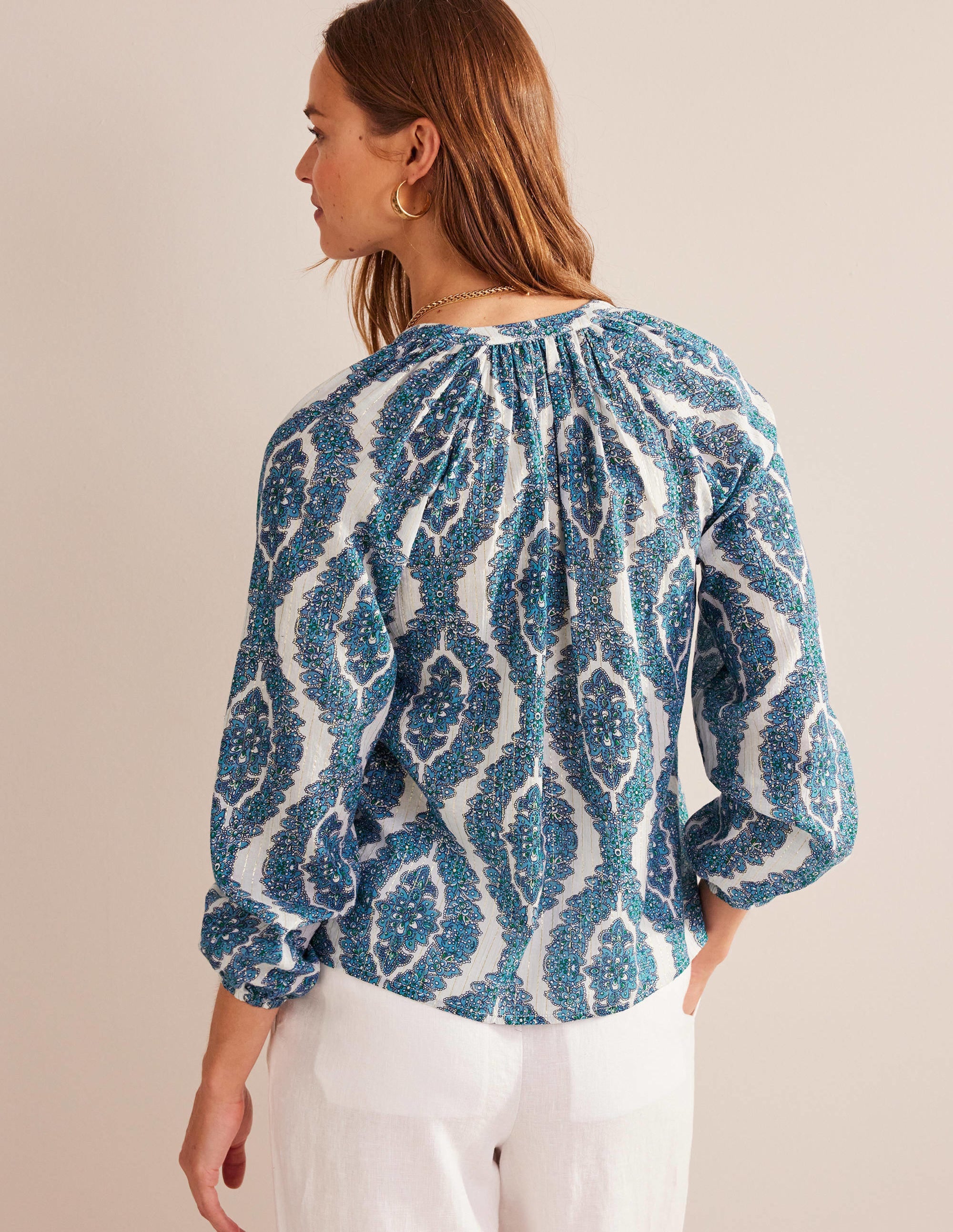 Printed Notch-Neck Sparkle Top-Blue, Botanic Wreath - Image 3