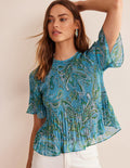 Flutter-Sleeve Plisse Top-Aegean Blue, Paradise Pop