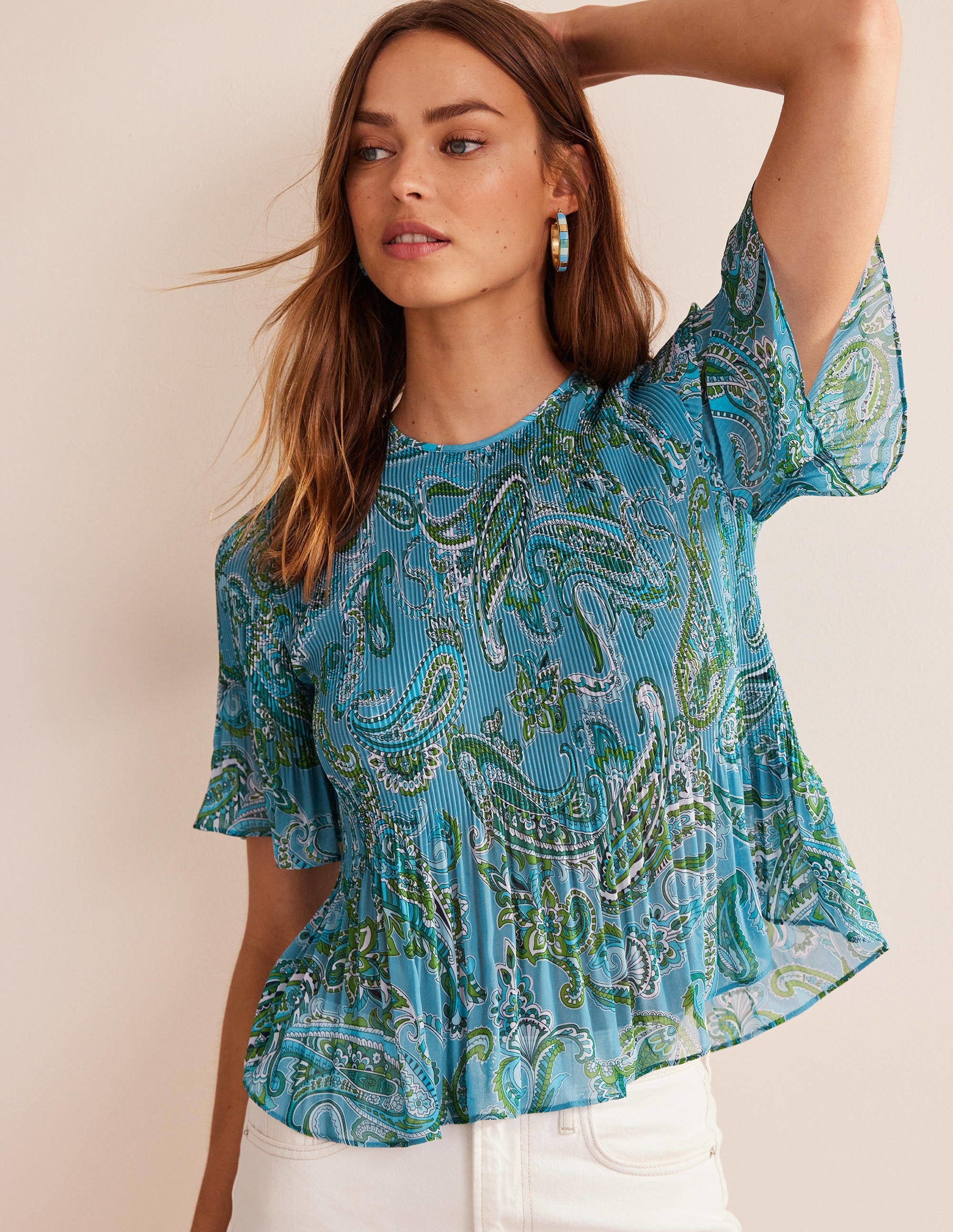 Flutter-Sleeve Plisse Top-Aegean Blue, Paradise Pop - Image 1