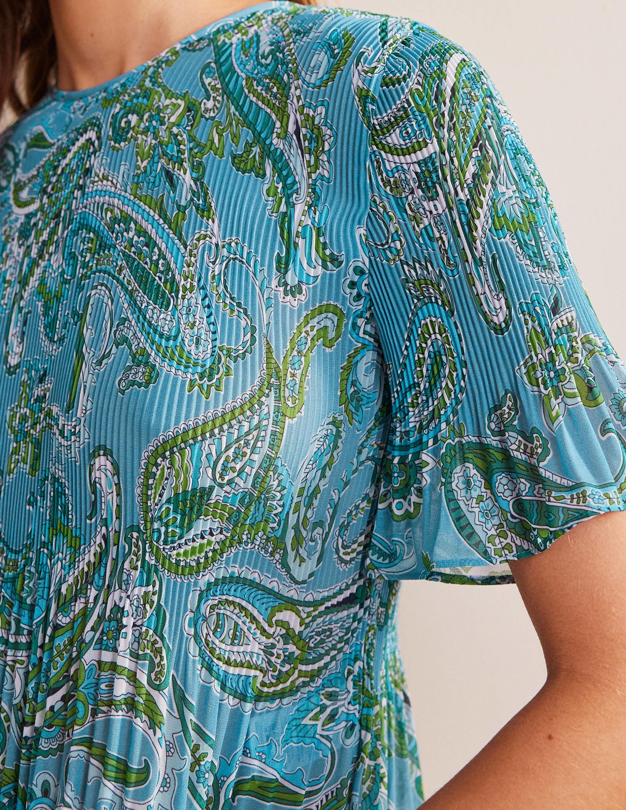 Flutter-Sleeve Plisse Top-Aegean Blue, Paradise Pop - Image 2