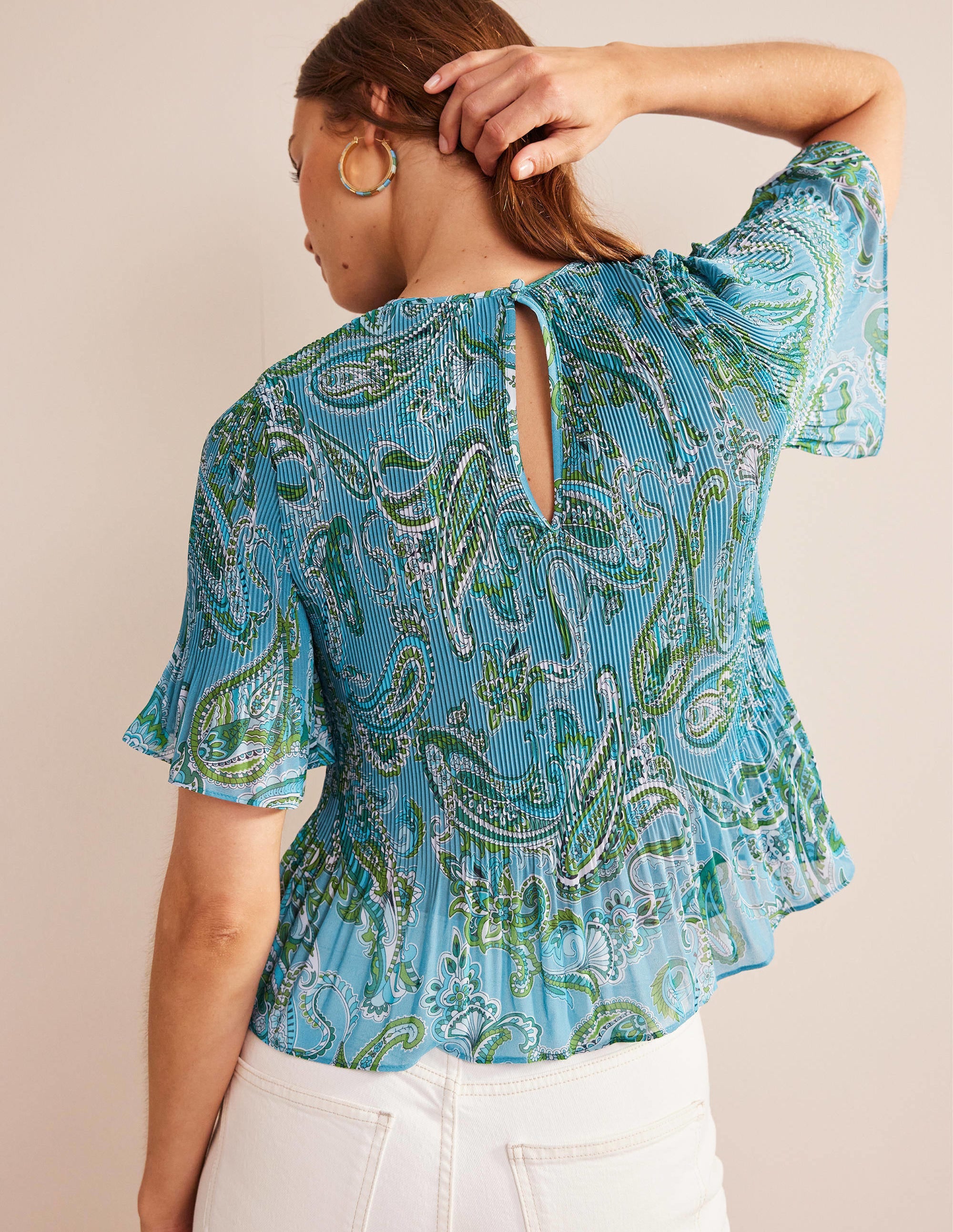 Flutter-Sleeve Plisse Top-Aegean Blue, Paradise Pop - Image 3