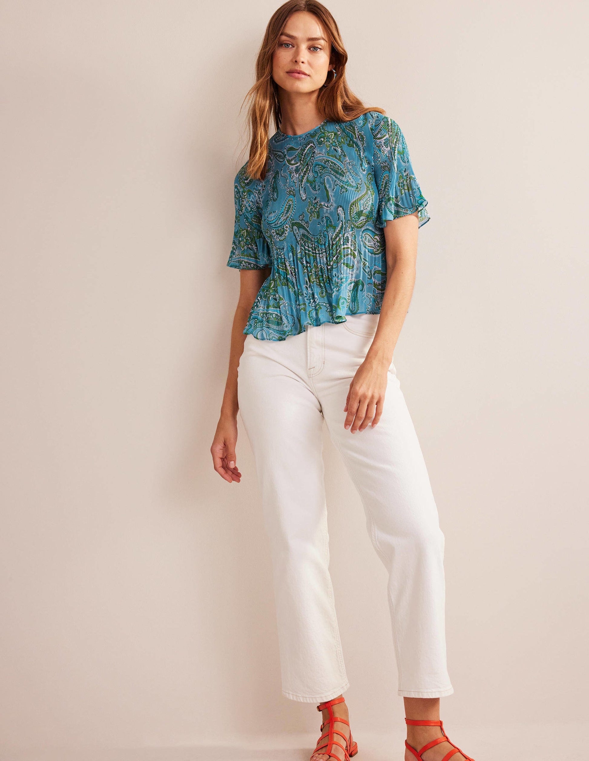Flutter-Sleeve Plisse Top-Aegean Blue, Paradise Pop-4