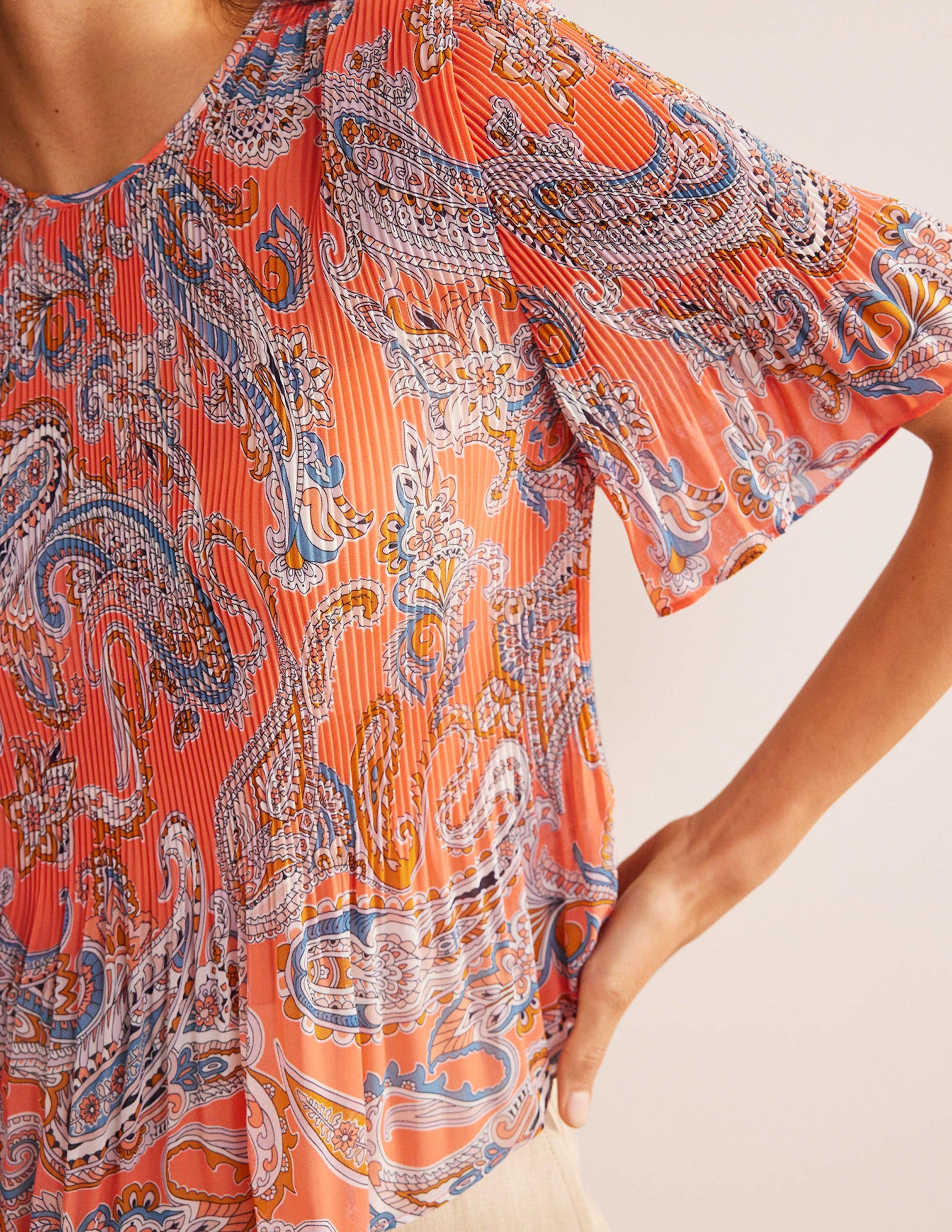 Flutter-Sleeve Plisse Top-Orange Jelly, Paradise Pop-1