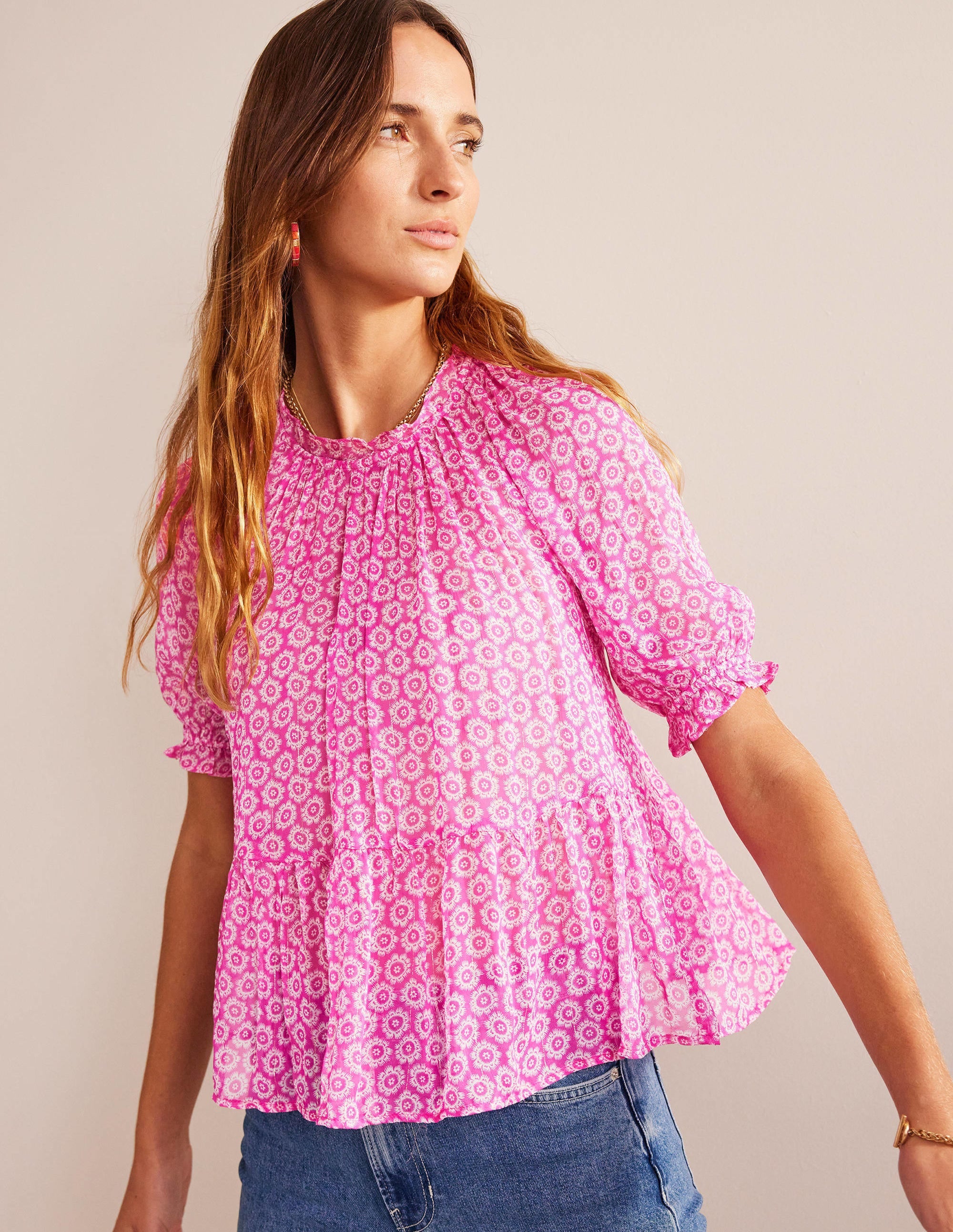 Gathered Sparkle Georgette Top-Phlox Pink, Sunrise Pop - Image 1