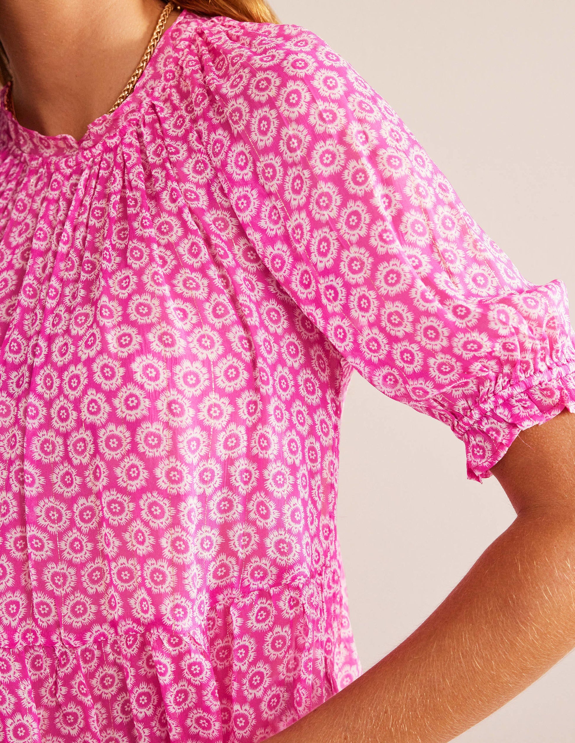 Gathered Sparkle Georgette Top-Phlox Pink, Sunrise Pop-2
