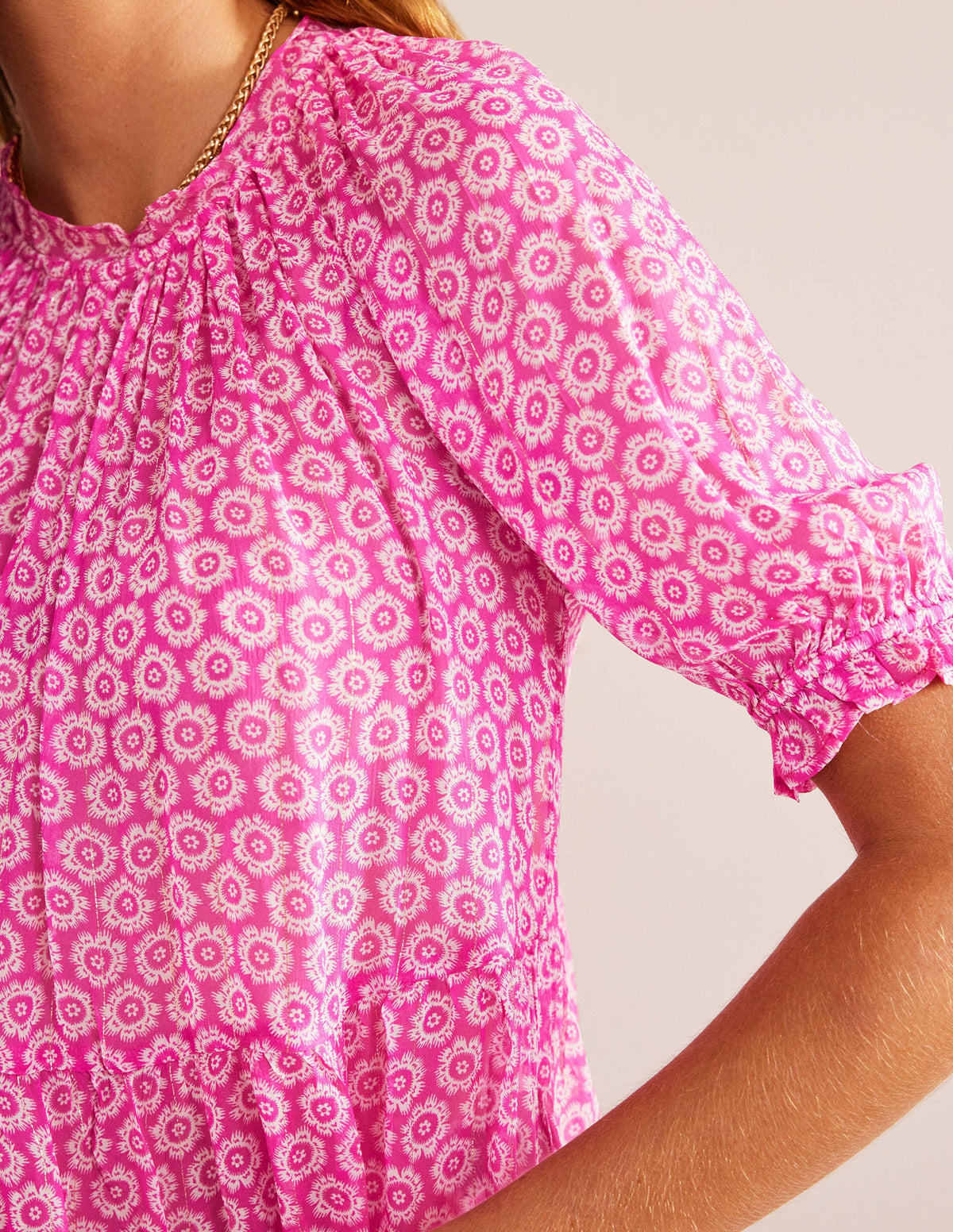 Gathered Sparkle Georgette Top-Phlox Pink, Sunrise Pop - Image 2