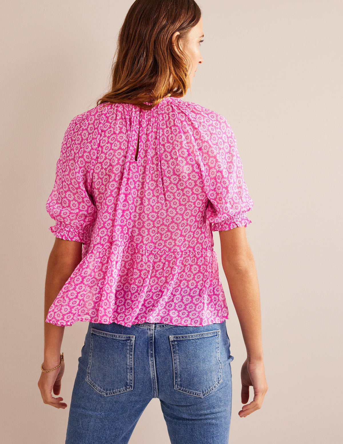 Gathered Sparkle Georgette Top-Phlox Pink, Sunrise Pop - Image 3