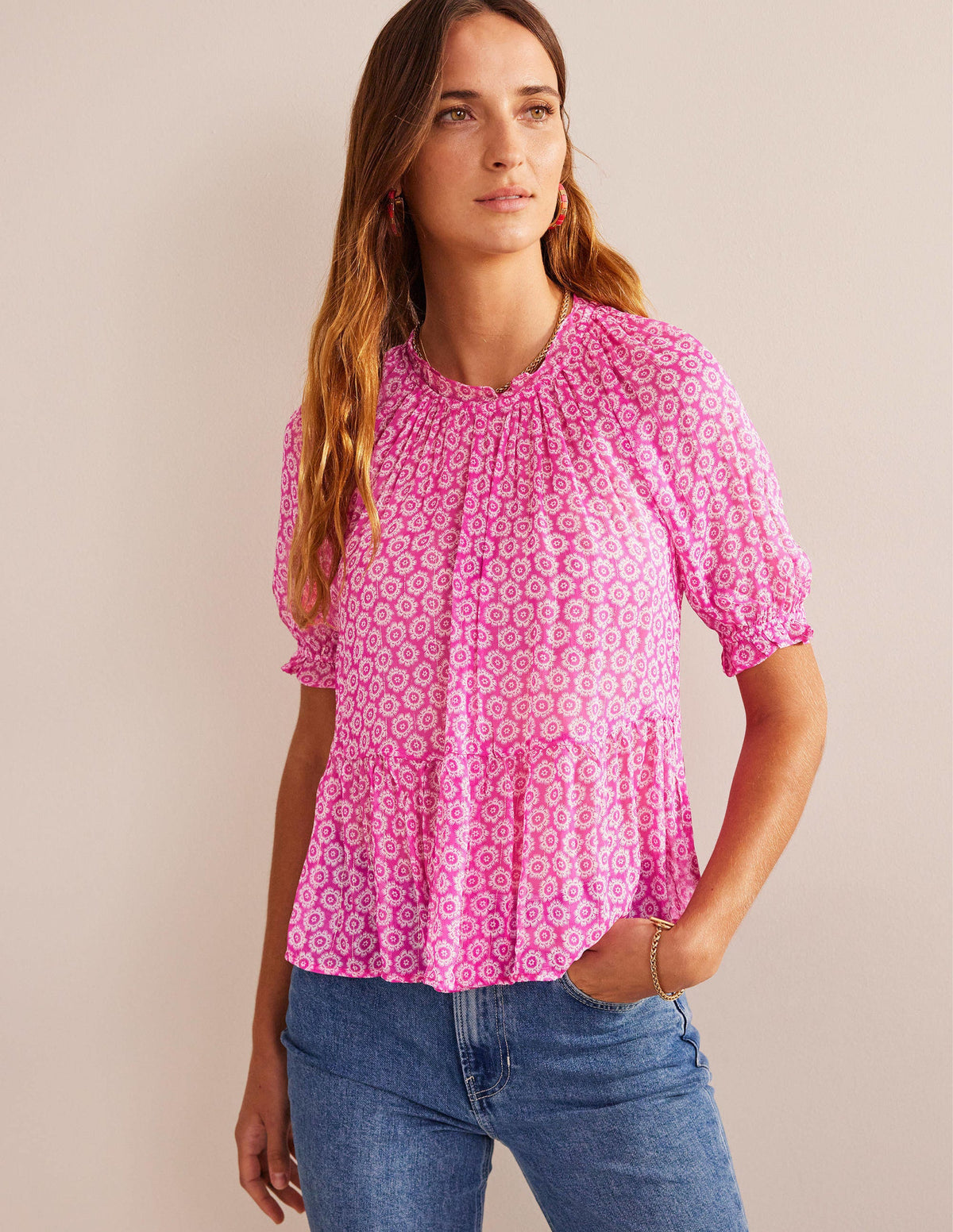 Gathered Sparkle Georgette Top-Phlox Pink, Sunrise Pop - Image 4