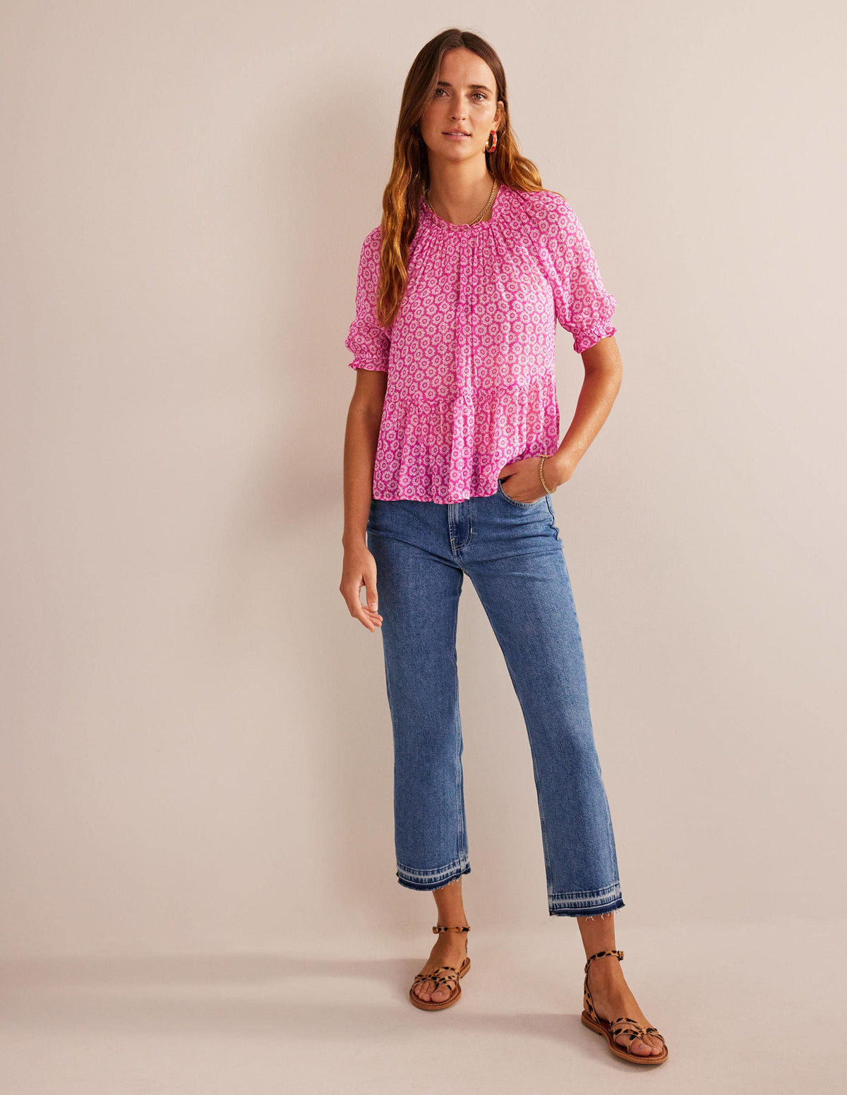 Gathered Sparkle Georgette Top-Phlox Pink, Sunrise Pop-5