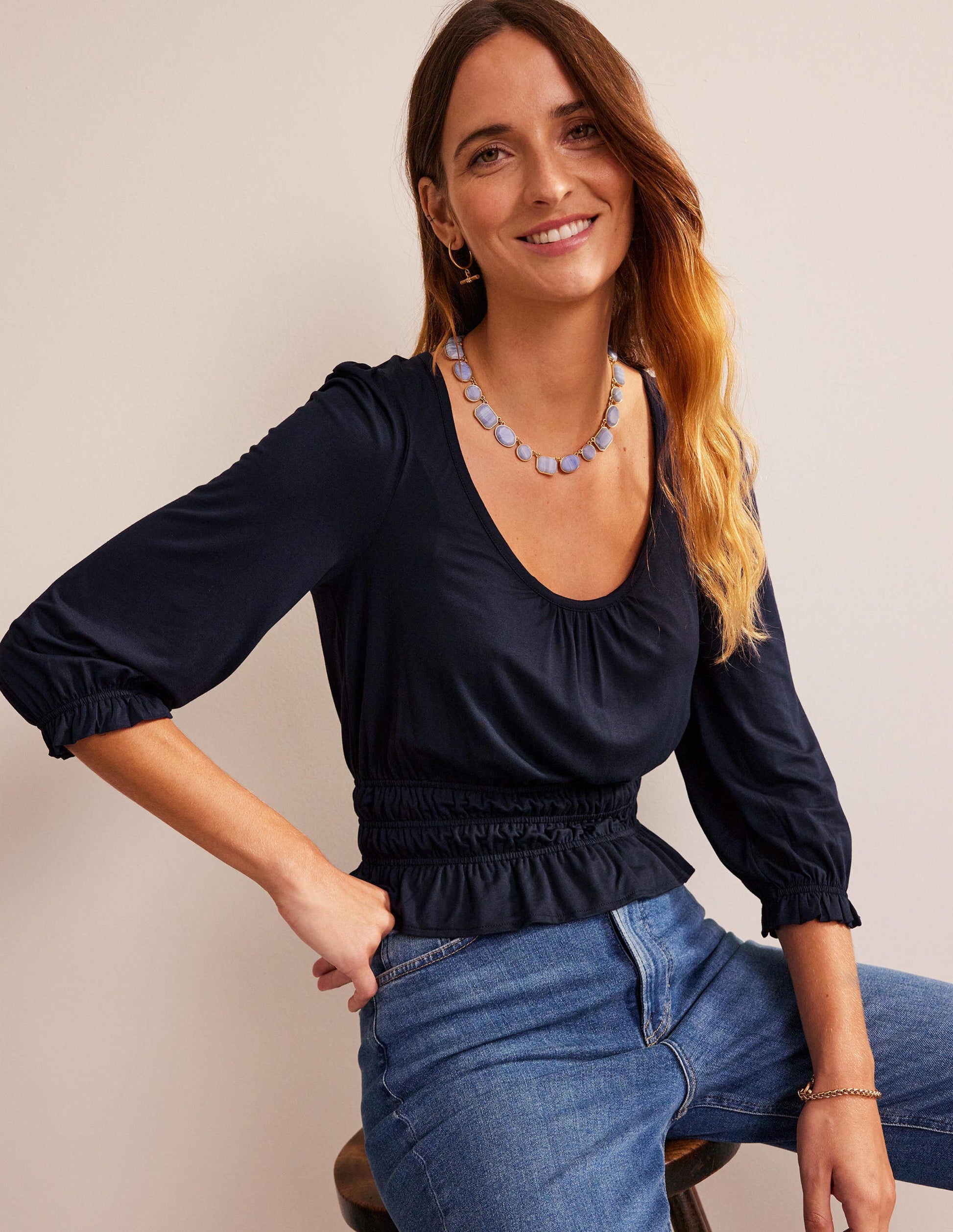 Smocked Jersey Peplum Top-Navy-1