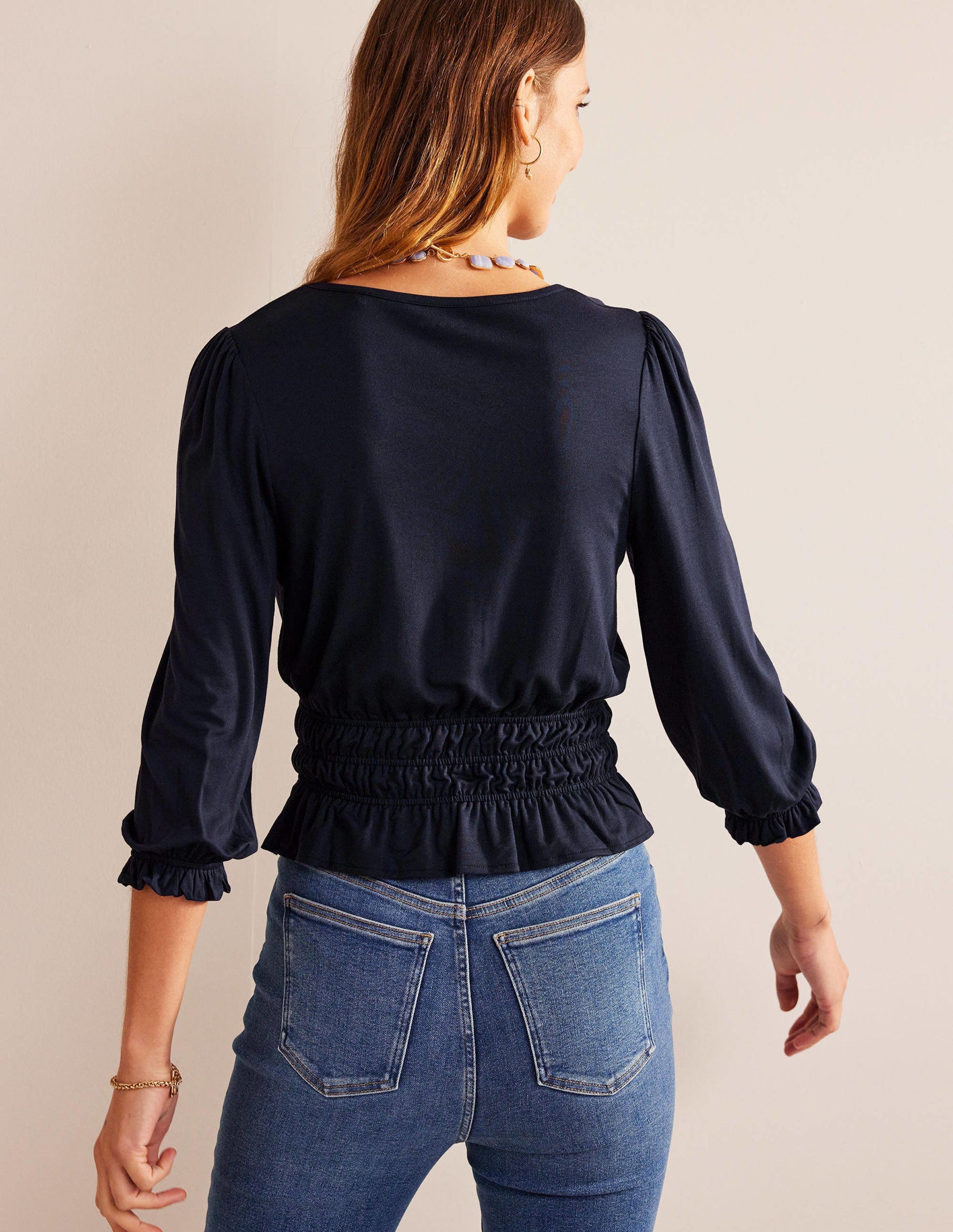 Smocked Jersey Peplum Top-Navy-3