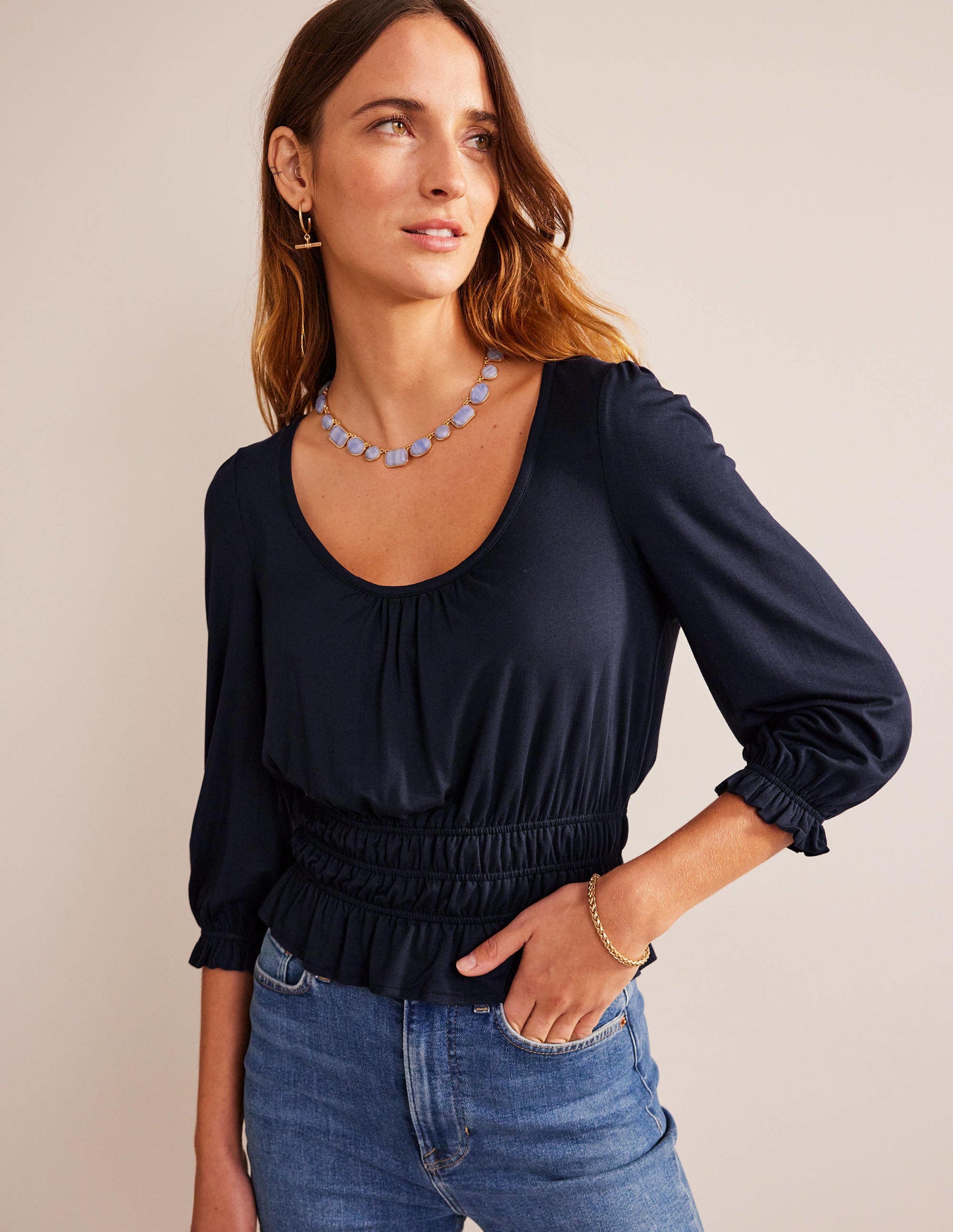Smocked Jersey Peplum Top-Navy-4