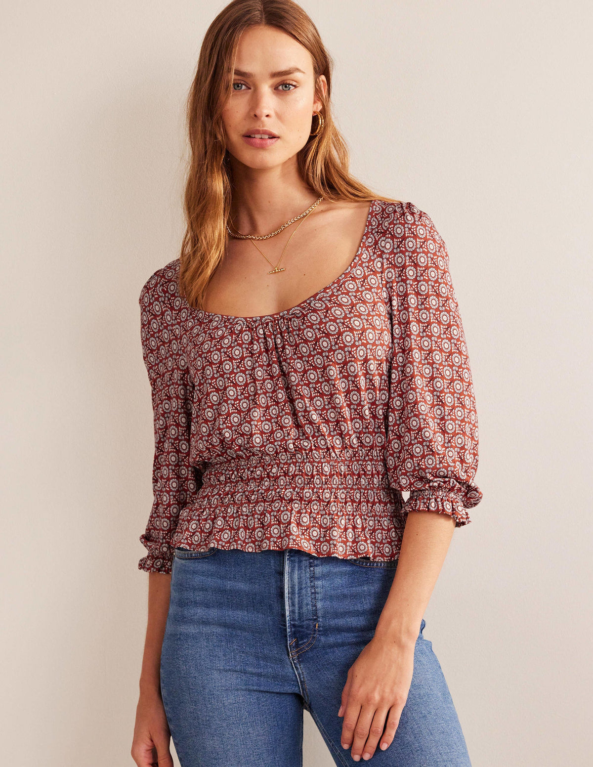 Smocked Jersey Peplum Top-Tomato, Sunflower Spring - Image 4