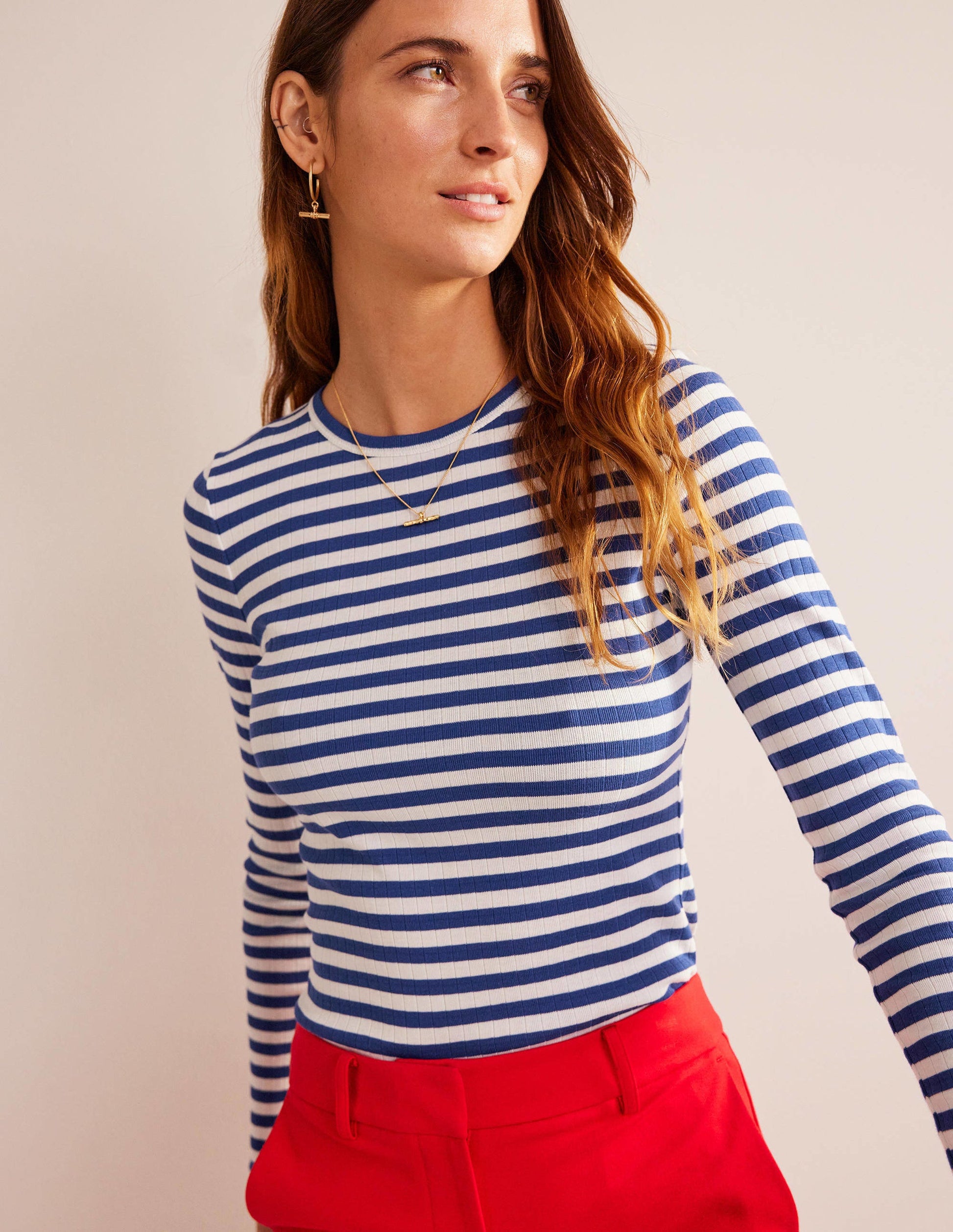 Anna Rib Crew T-Shirt-Lapis Blue, Ivory Stripe-1