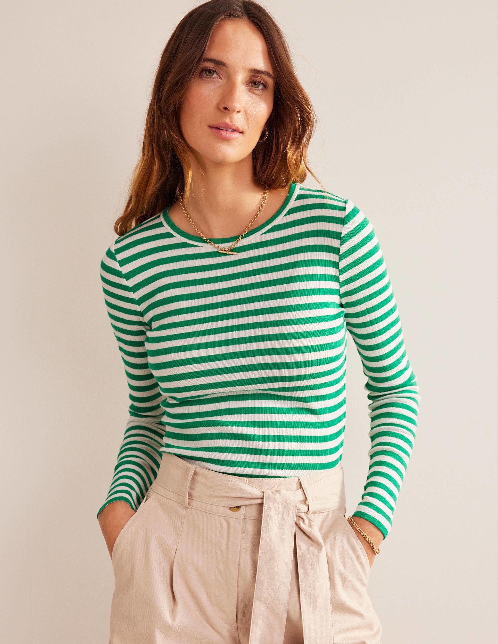 Anna Rib Crew T-Shirt-Meadow Green, Ivory Stripe - Image 1