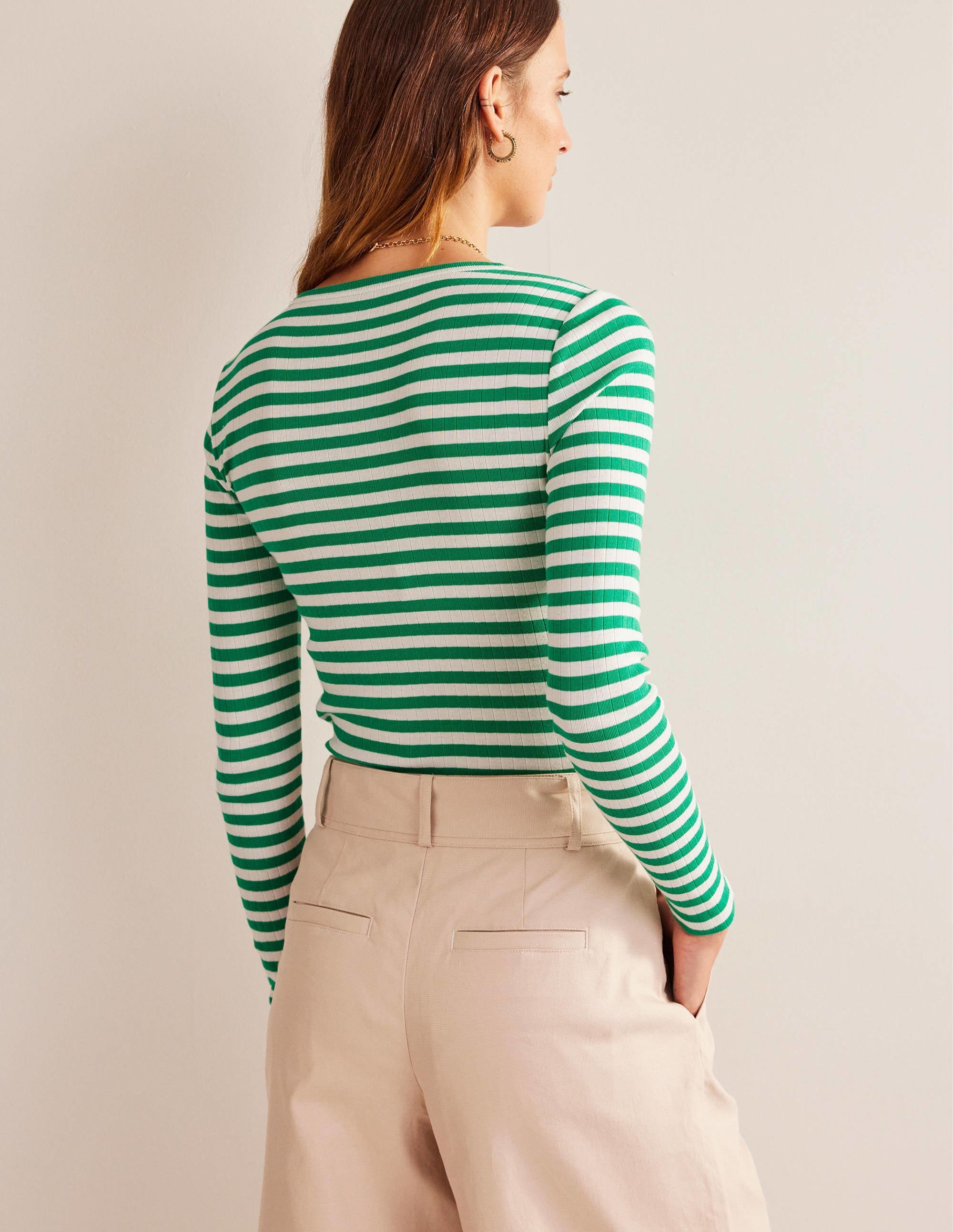 Anna Rib Crew T-Shirt-Meadow Green, Ivory Stripe - Image 3