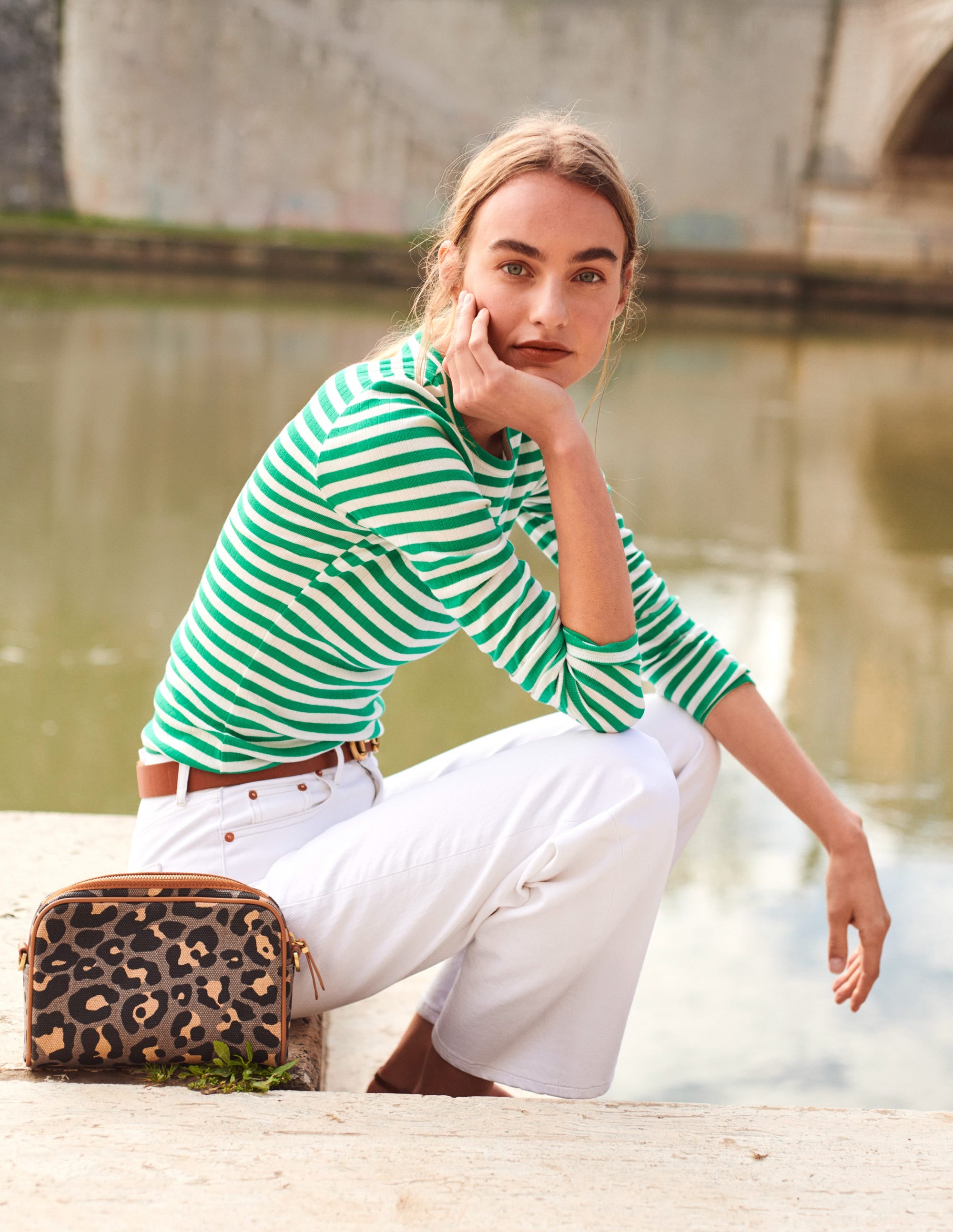 Anna Rib Crew T-Shirt-Meadow Green, Ivory Stripe - Image 5