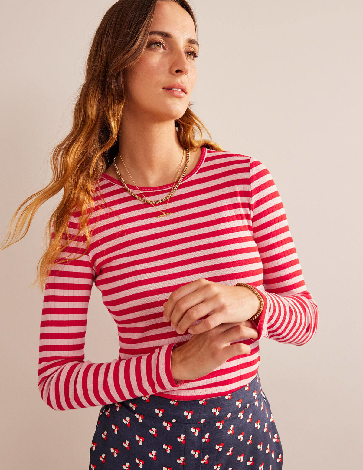 Anna Rib Crew T-Shirt-Peach Skin, Hot Pepper Stripe - Image 1