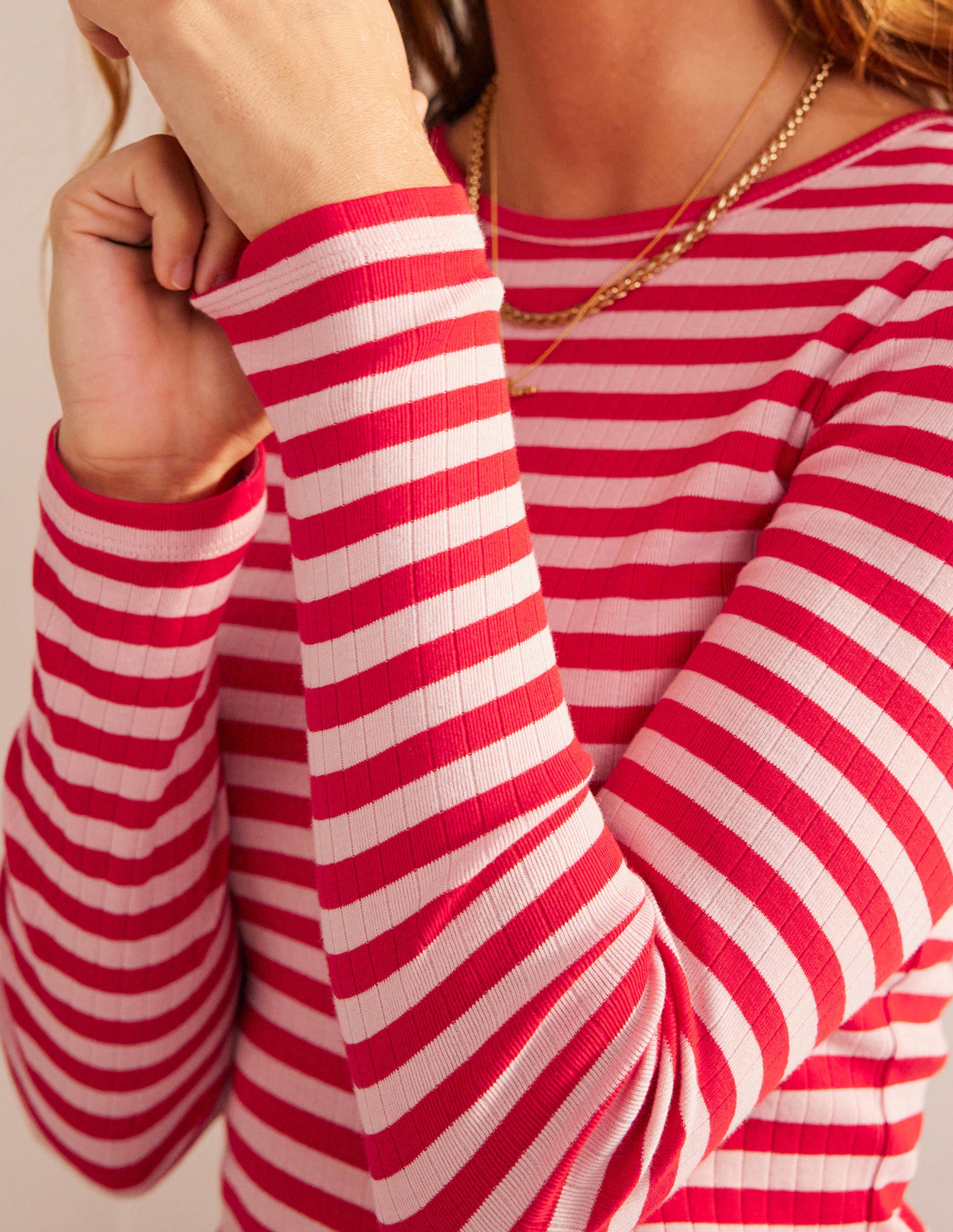 Anna Rib Crew T-Shirt-Peach Skin, Hot Pepper Stripe - Image 2