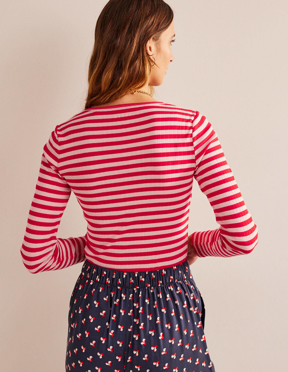 Anna Rib Crew T-Shirt-Peach Skin, Hot Pepper Stripe - Image 3