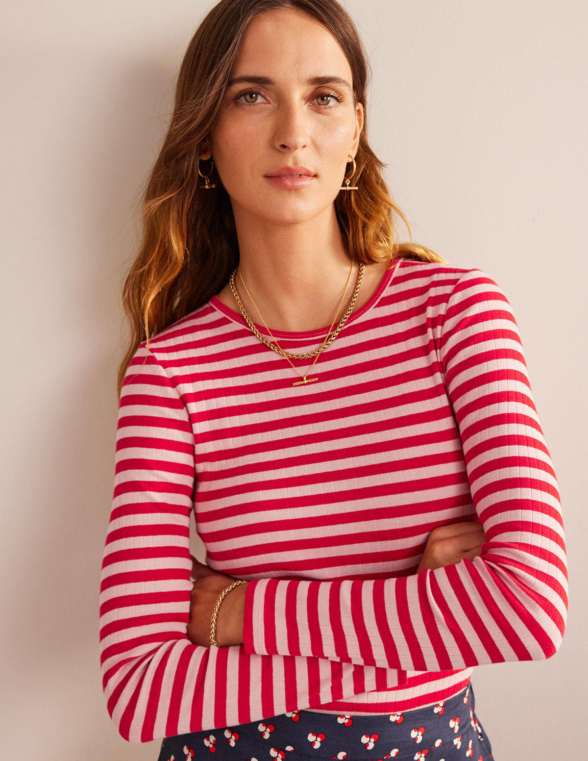 Anna Rib Crew T-Shirt-Peach Skin, Hot Pepper Stripe - Image 4