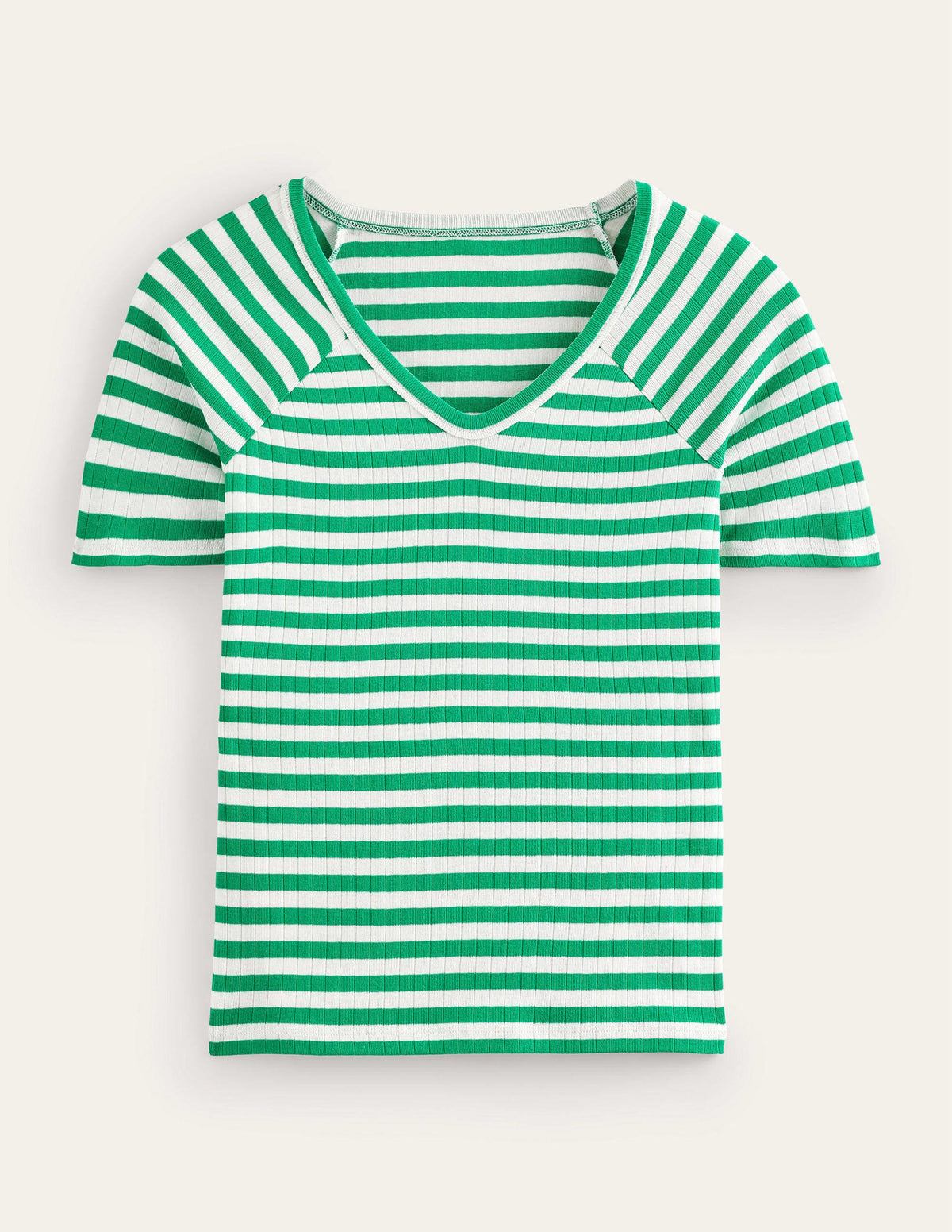 Anna Rib V-Neck T-Shirt-Meadow Green, Ivory Stripe - Image 5