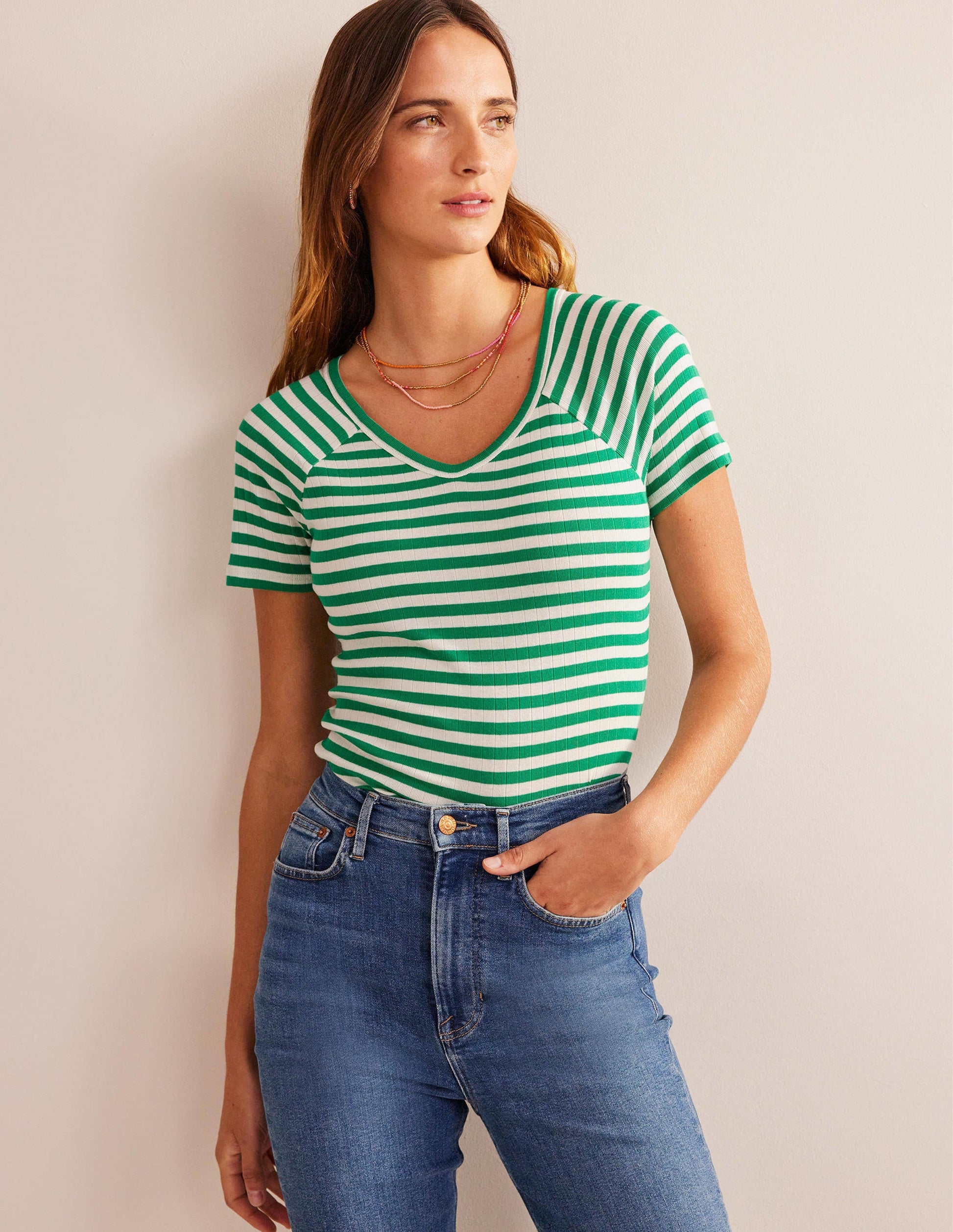 Anna Rib V-Neck T-Shirt-Meadow Green, Ivory Stripe-1