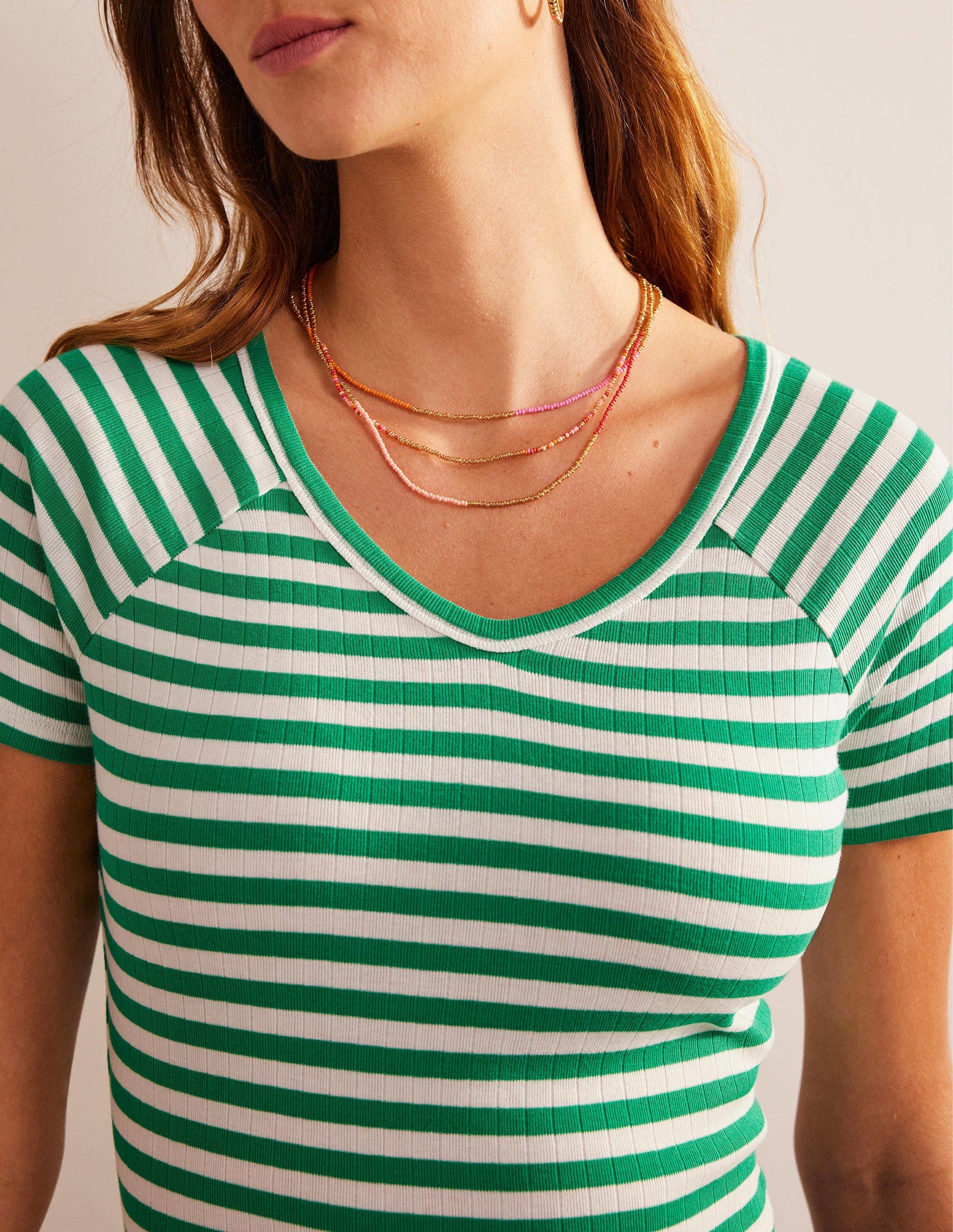 Anna Rib V-Neck T-Shirt-Meadow Green, Ivory Stripe-2
