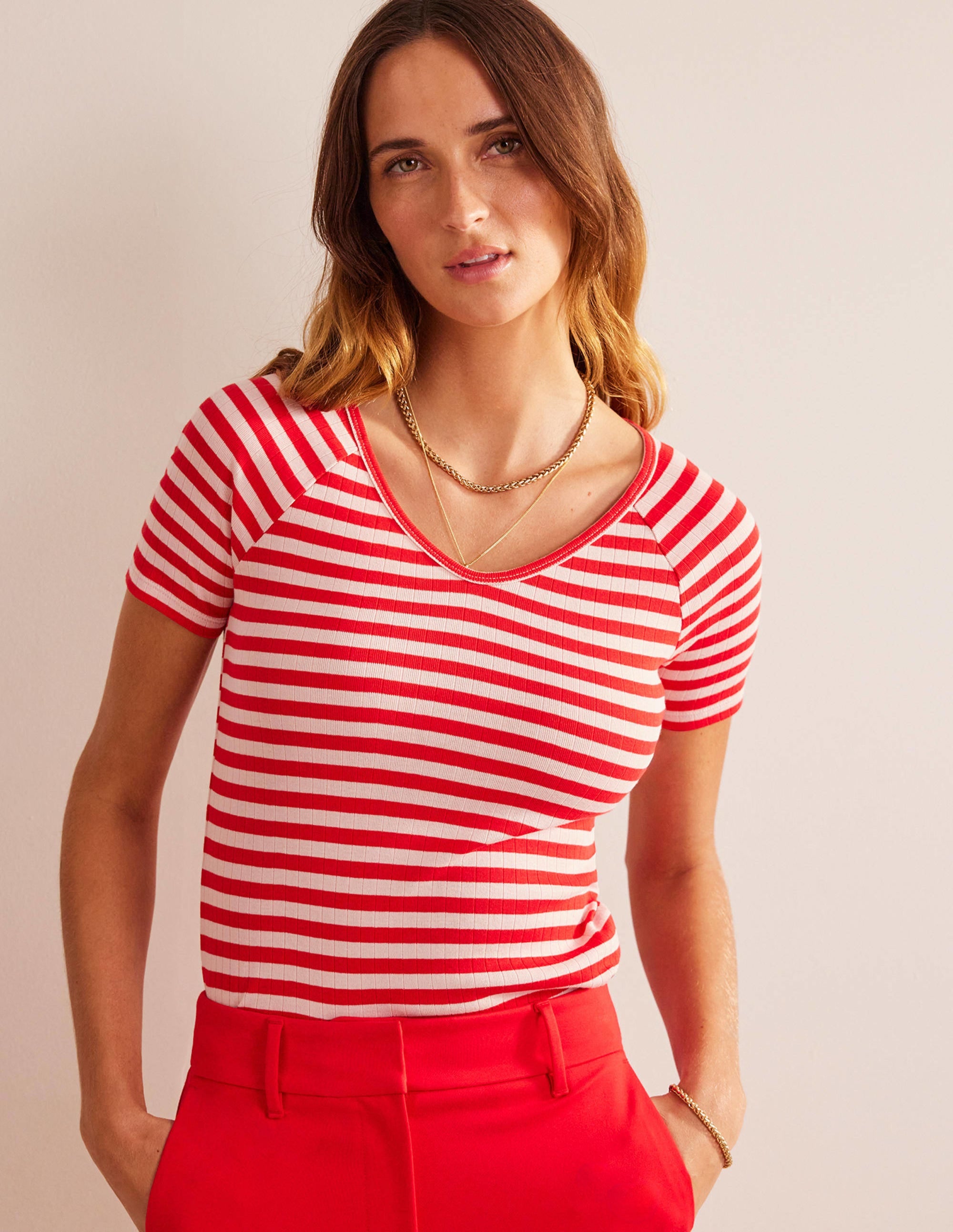 Anna Rib V-Neck T-Shirt-Peach Skin, Hot Pepper Stripe - Image 1