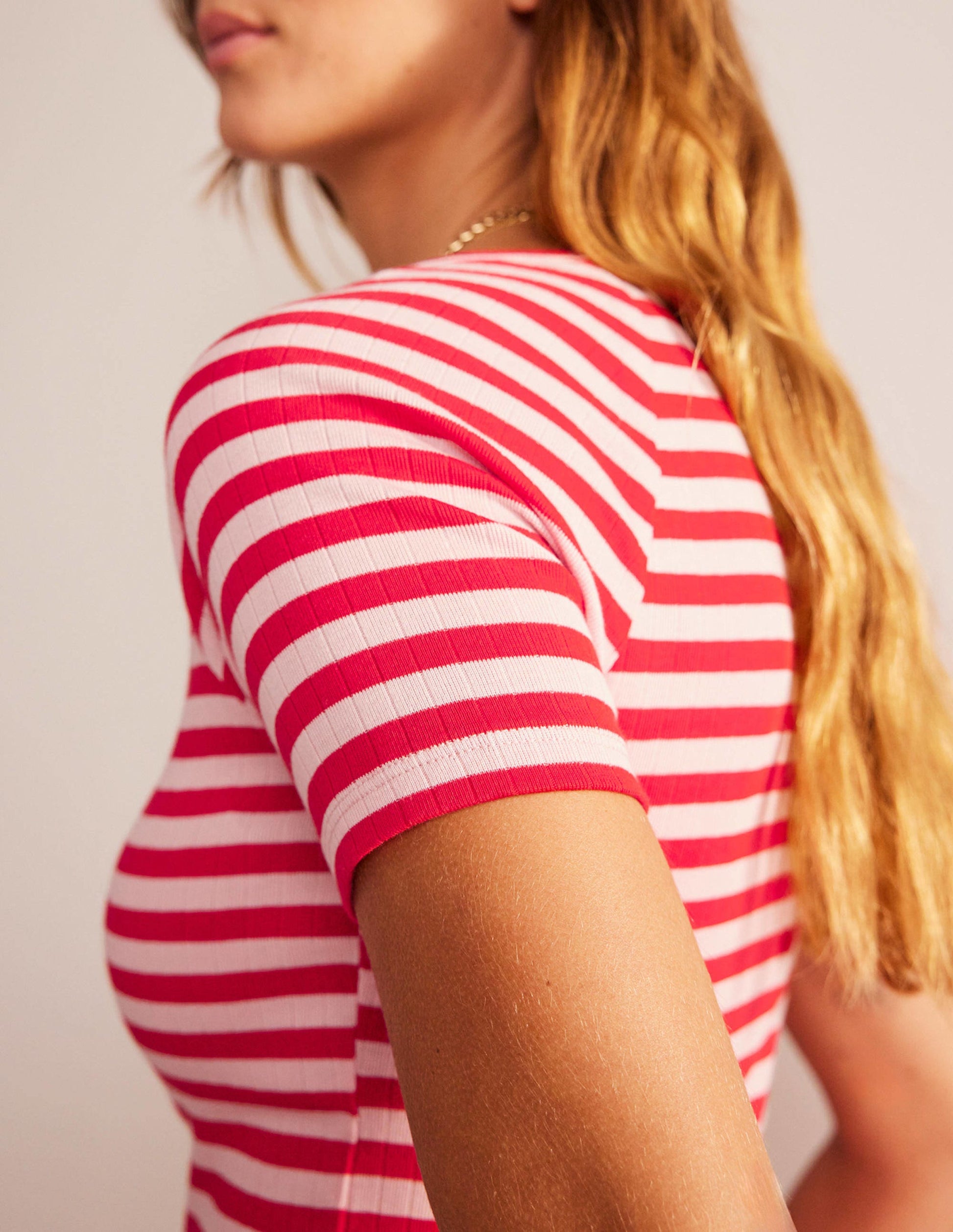 Anna Rib V-Neck T-Shirt-Peach Skin, Hot Pepper Stripe-2